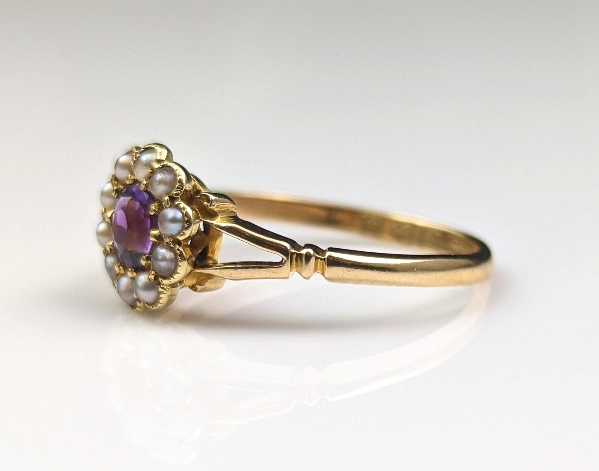 Antique 18k Gold Amethyst and Pearl Cluster Ring, Floral For Sale 8