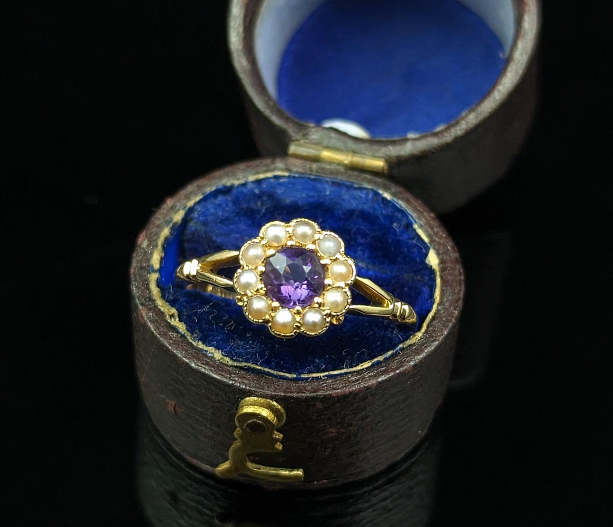 Round Cut Antique 18k Gold Amethyst and Pearl Cluster Ring, Floral For Sale