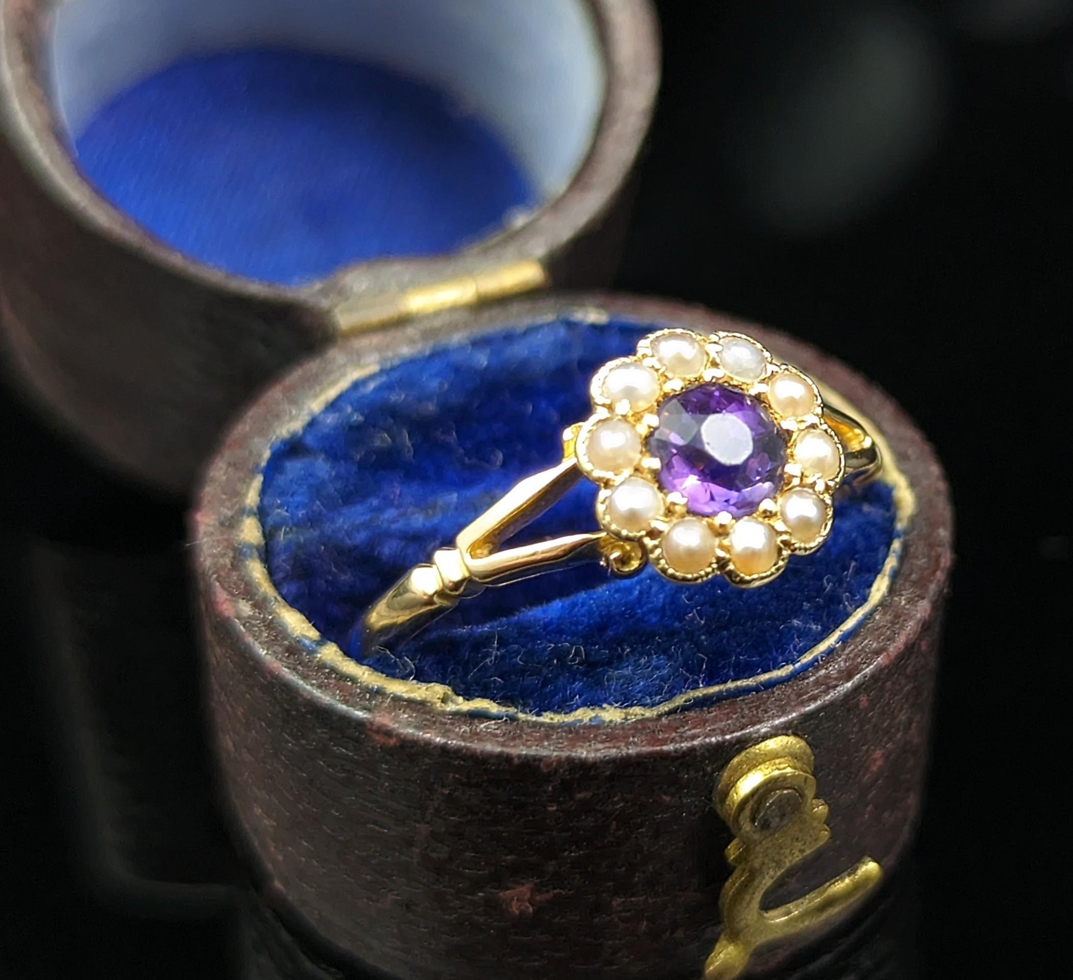 Antique 18k Gold Amethyst and Pearl Cluster Ring, Floral In Good Condition For Sale In NEWARK, GB
