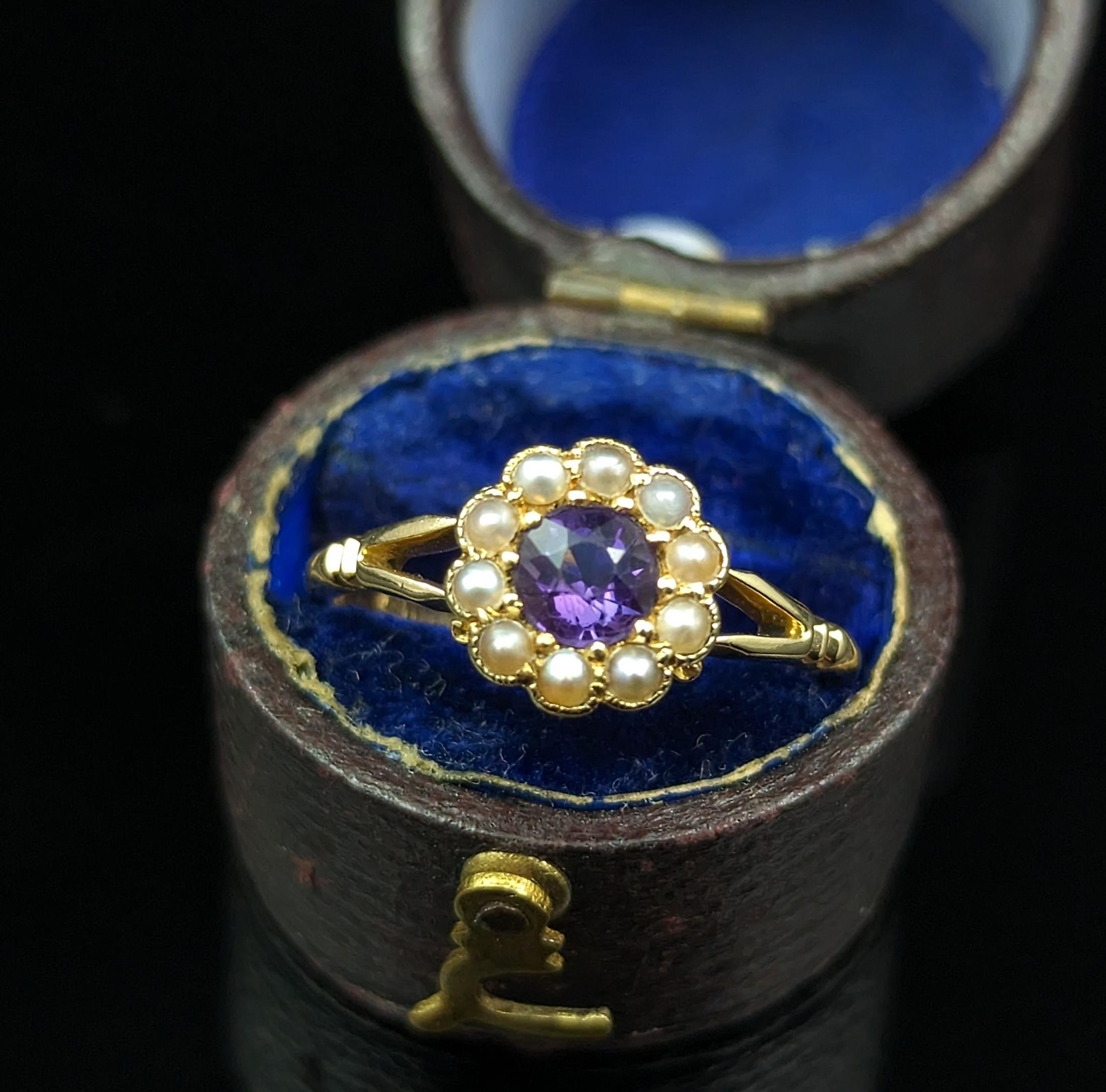 Women's Antique 18k Gold Amethyst and Pearl Cluster Ring, Floral For Sale