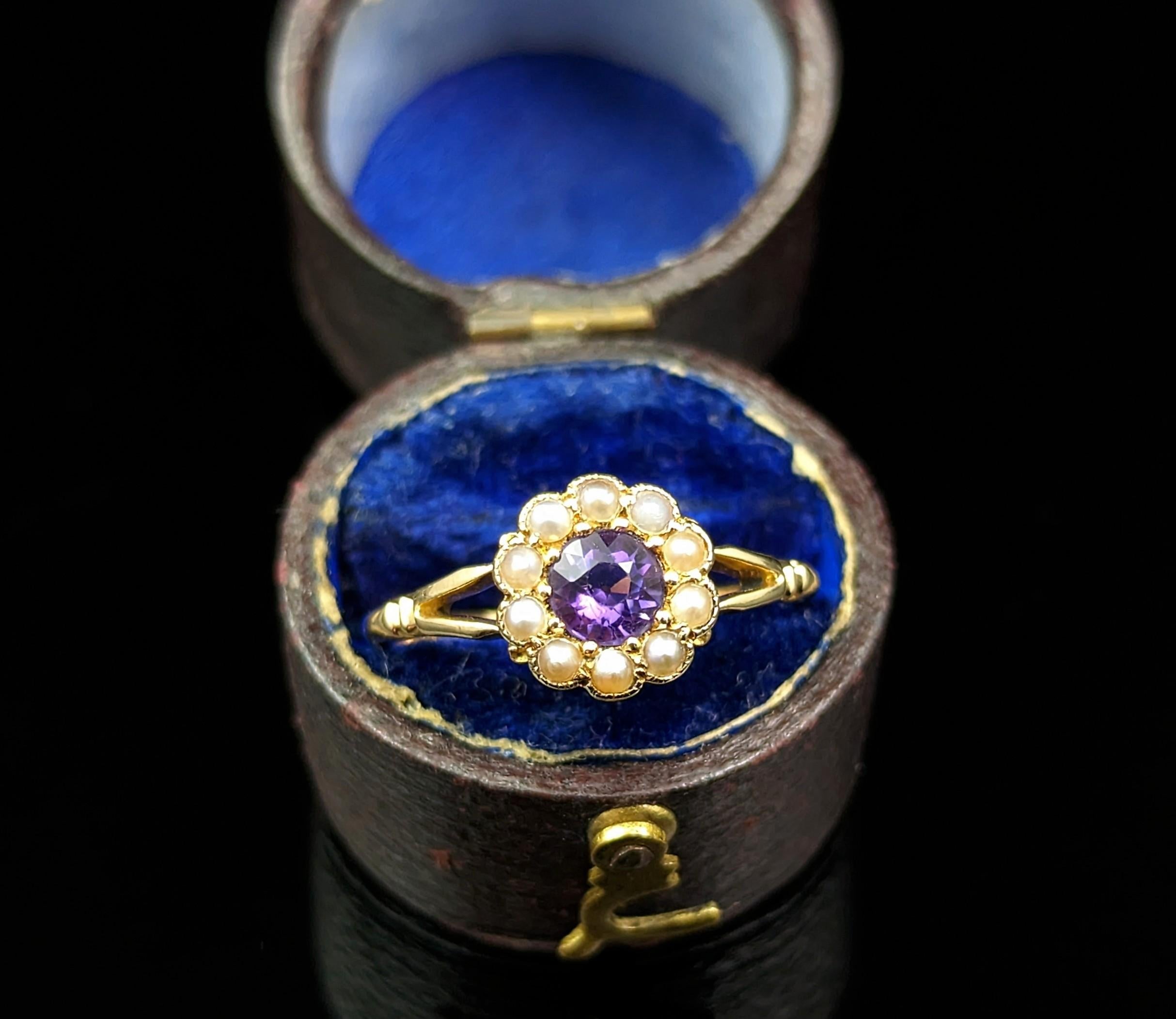 Antique 18k Gold Amethyst and Pearl Cluster Ring, Floral For Sale 3