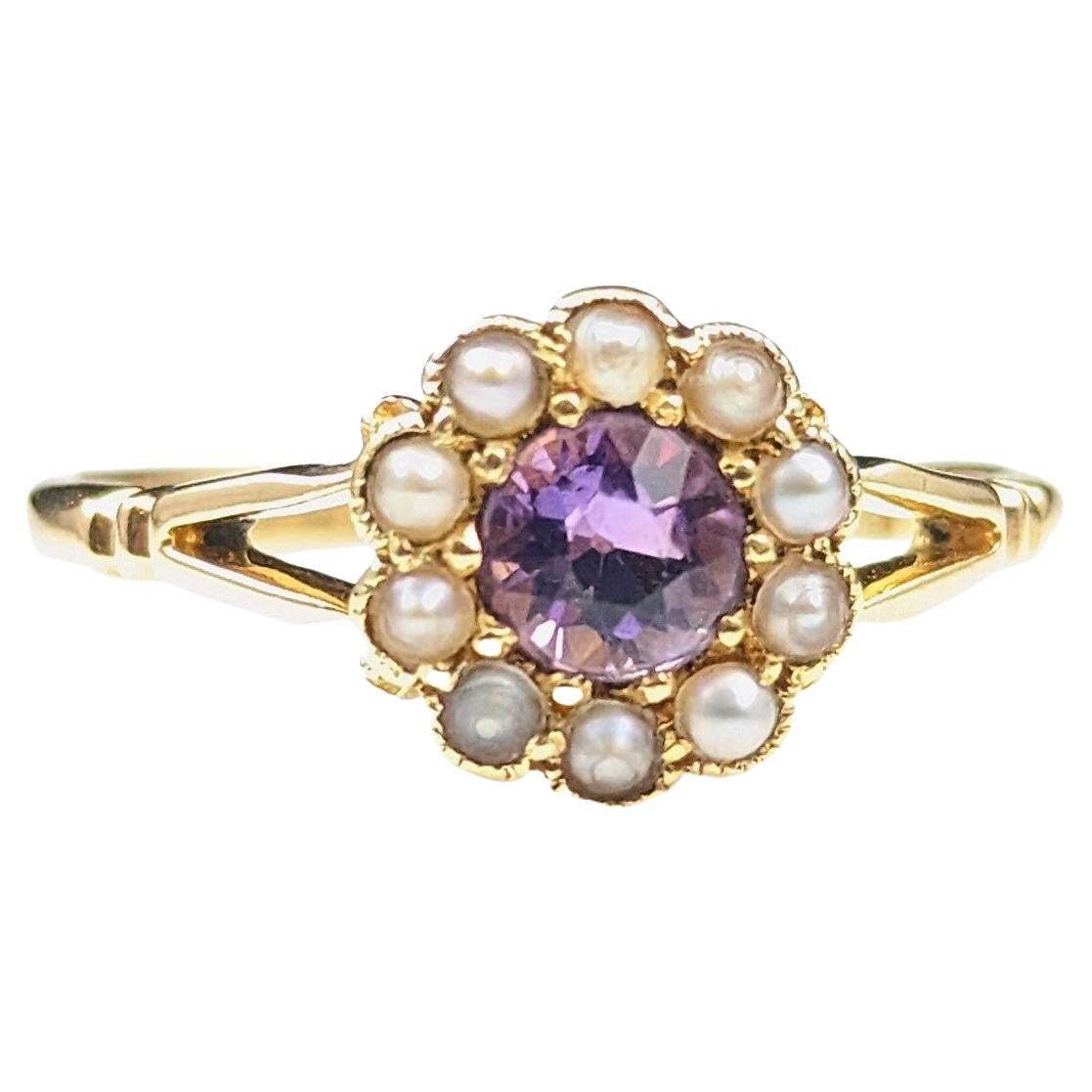 Antique 18k Gold Amethyst and Pearl Cluster Ring, Floral For Sale