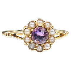 Antique 18k Gold Amethyst and Pearl Cluster Ring, Floral