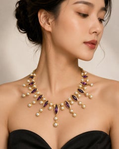 Antique 18k Gold Amethyst and Pearl Fringe Necklace