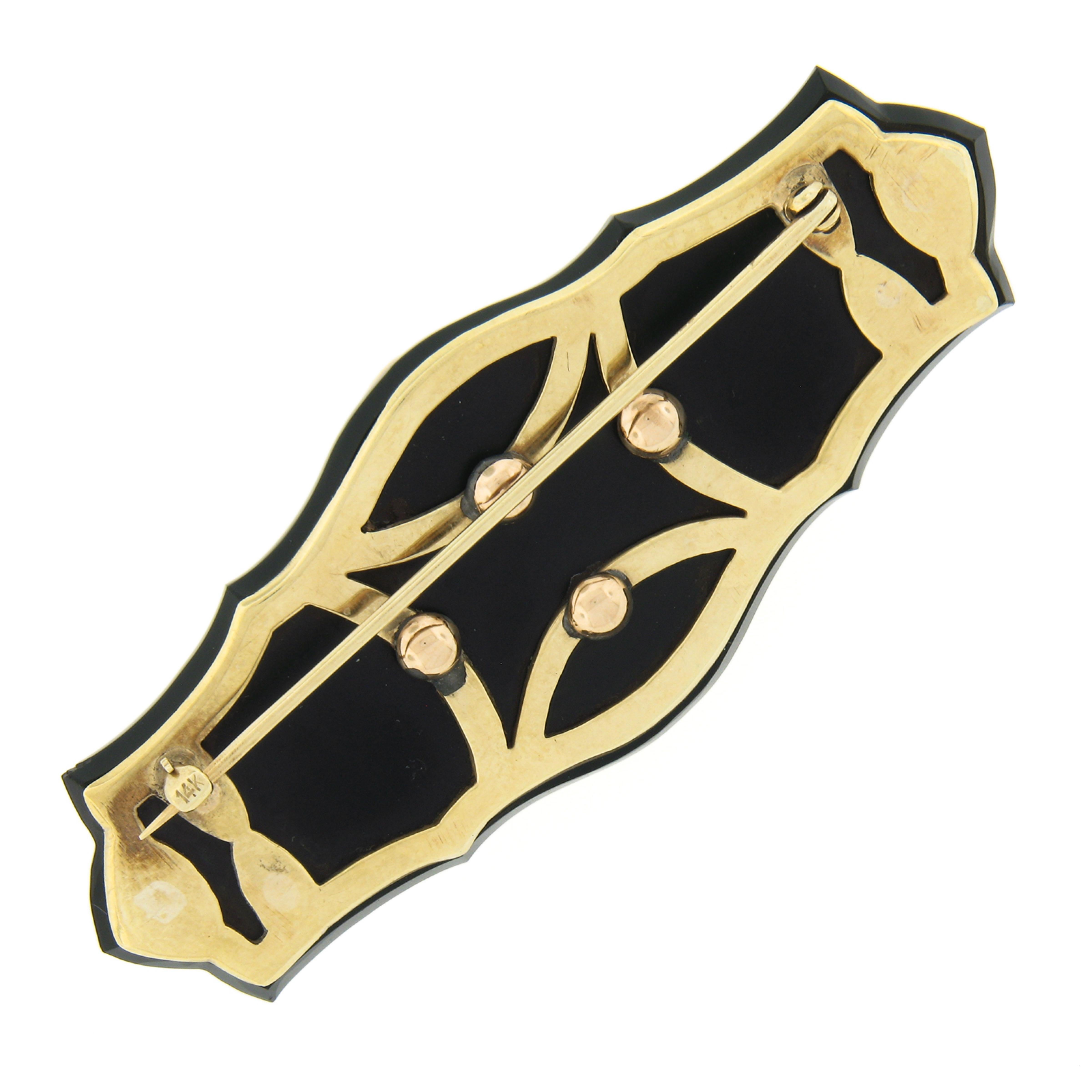 Antike Anstecknadelbrosche, 18 Karat Gold Amethyst & Diamant, geschnitztes Camphor-Glas, schwarzer Onyx (Viktorianisch) im Angebot