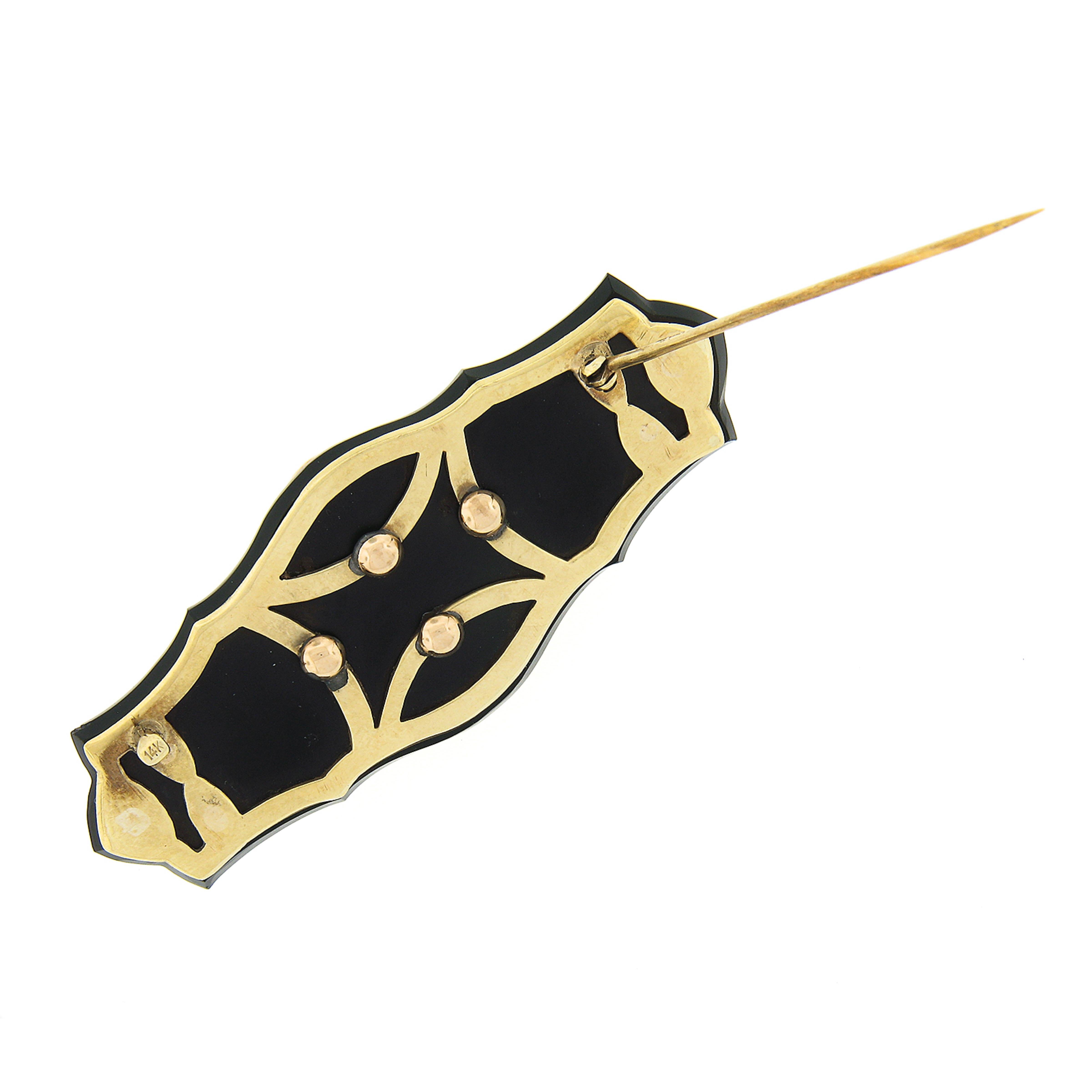 Antike Anstecknadelbrosche, 18 Karat Gold Amethyst & Diamant, geschnitztes Camphor-Glas, schwarzer Onyx (Alteuropäischer Schliff) im Angebot