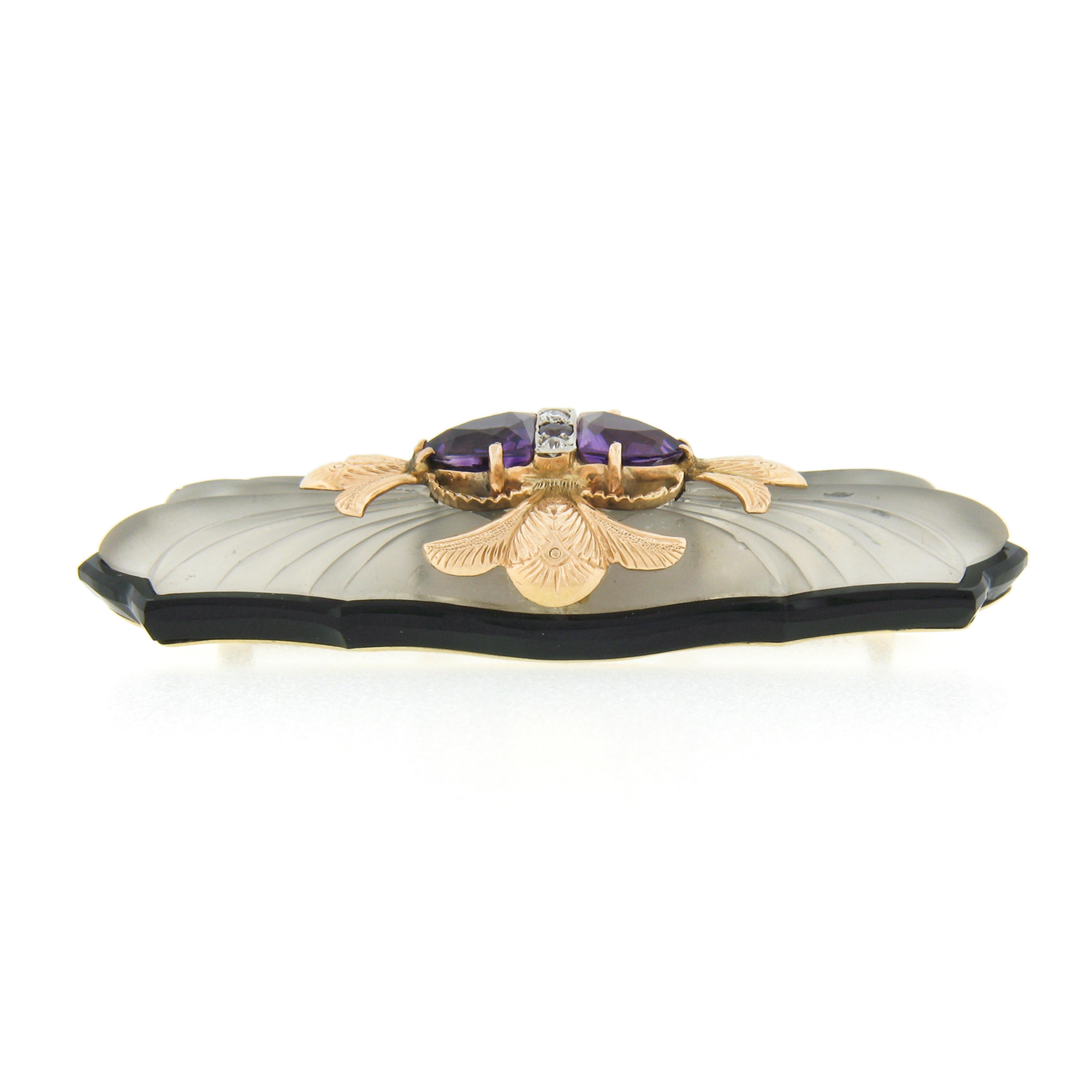 Victorian Antique 18k Gold Amethyst & Diamond Carved Camphor Glass Black Onyx Pin Brooch For Sale