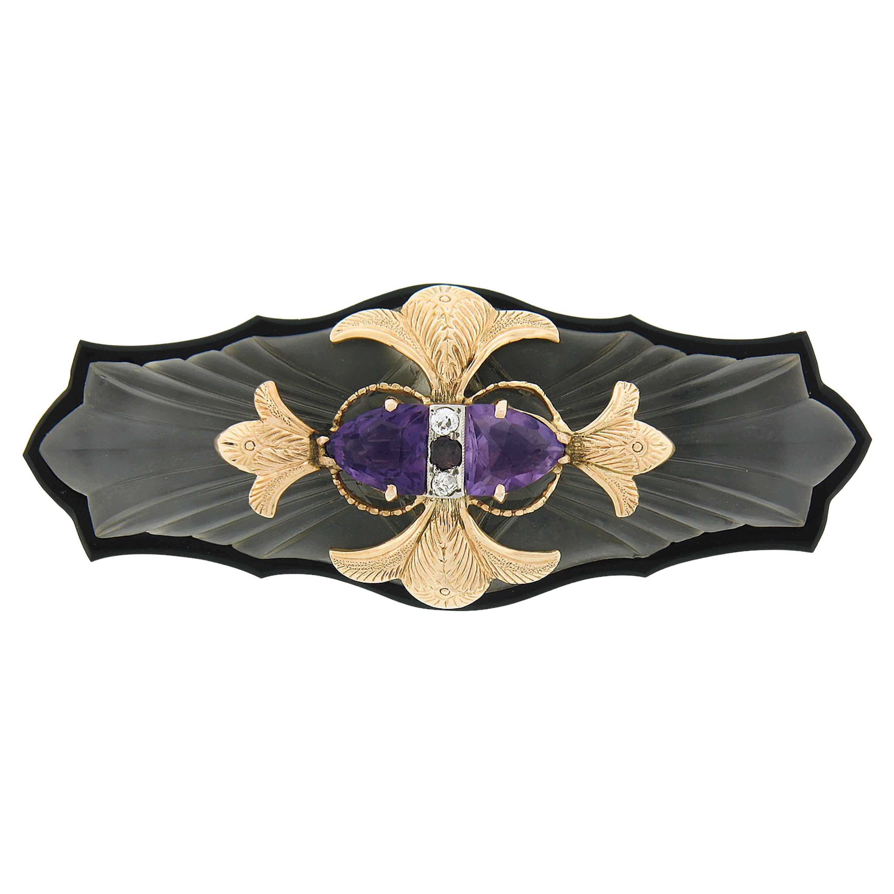 Antiguo broche de oro de 18 quilates con amatista y diamantes tallados en cristal de alcanfor y ónice negro