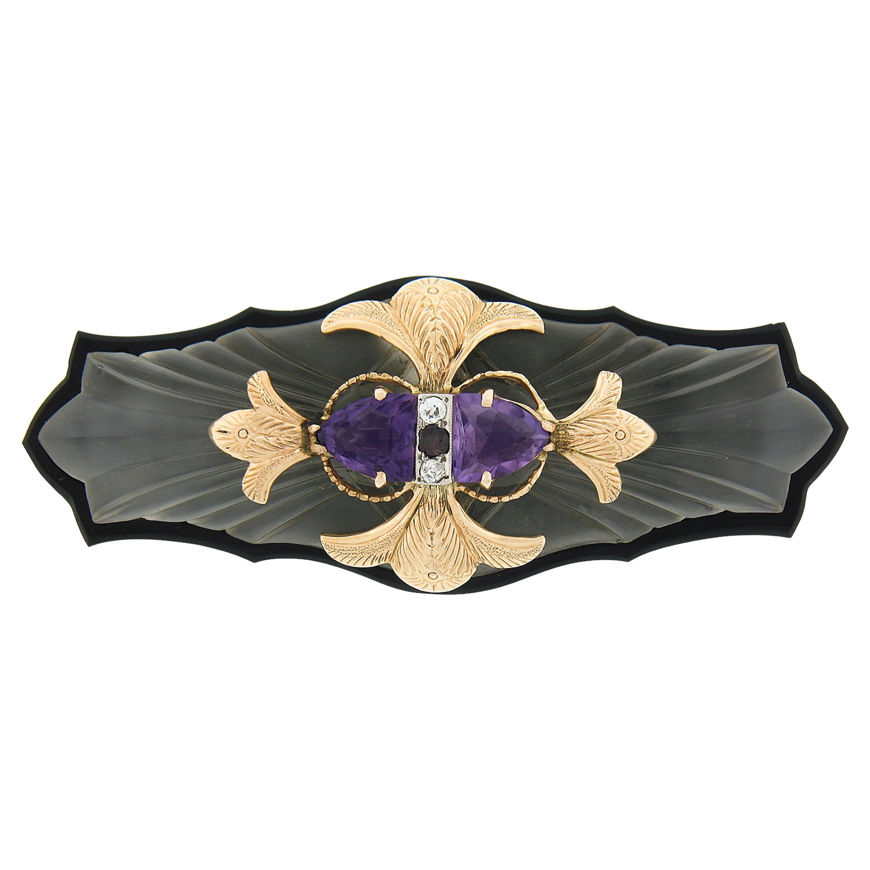 Antike Anstecknadelbrosche, 18 Karat Gold Amethyst & Diamant, geschnitztes Camphor-Glas, schwarzer Onyx