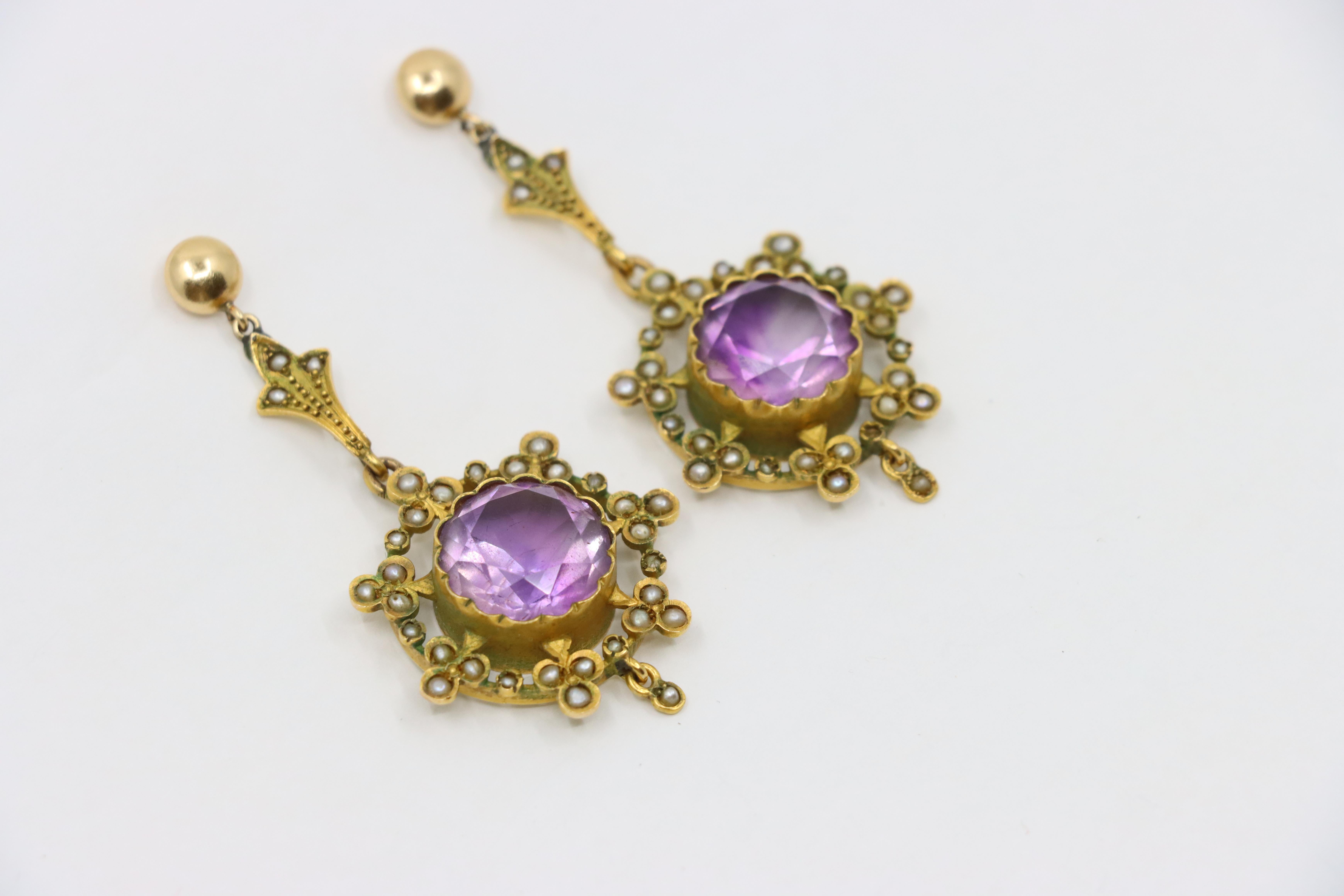 Mixed Cut Antique 18K Gold Amethyst Pearl Drop Earring For Sale