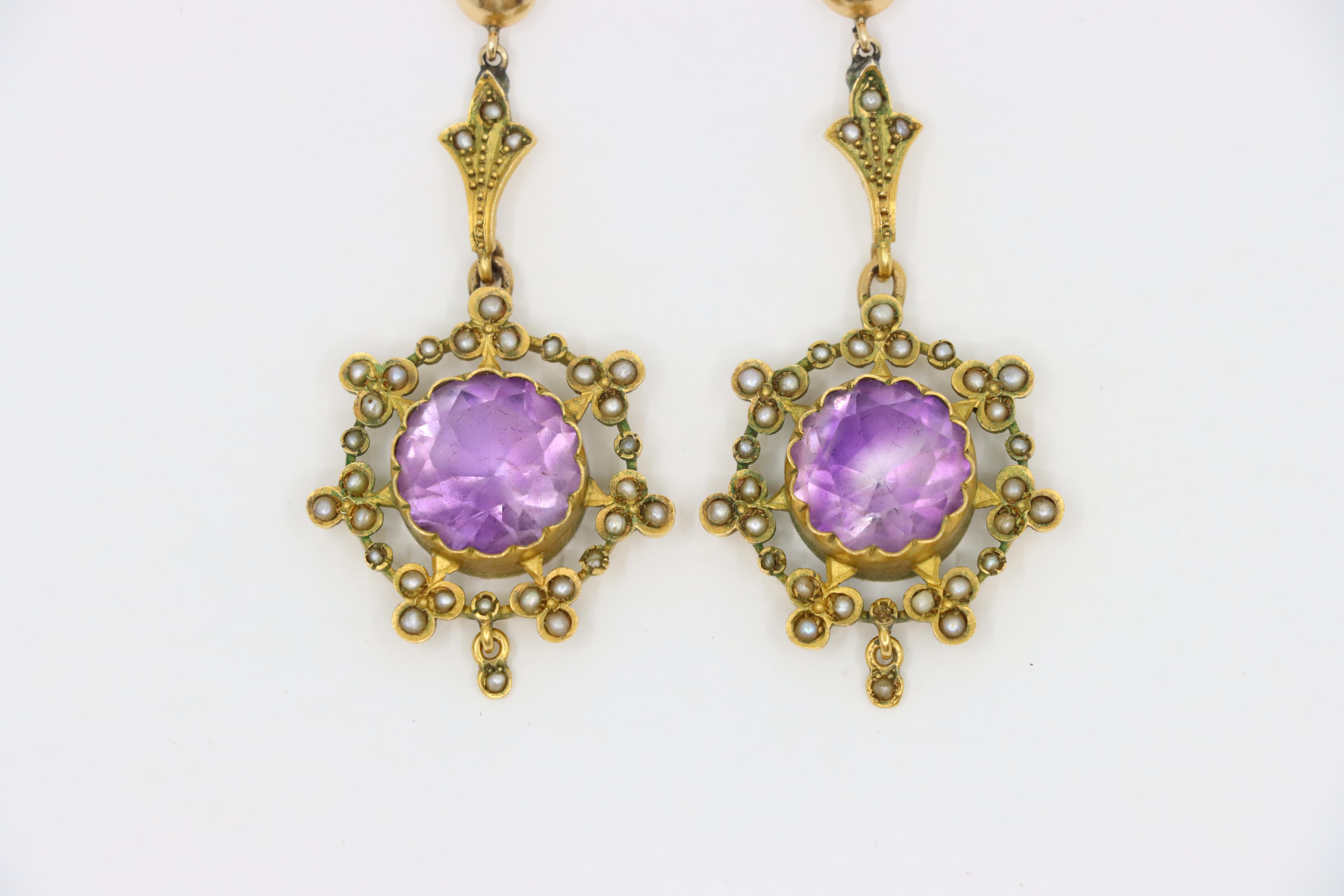Antique 18K Gold Amethyst Pearl Drop Earring In Good Condition For Sale In Flushing, NY
