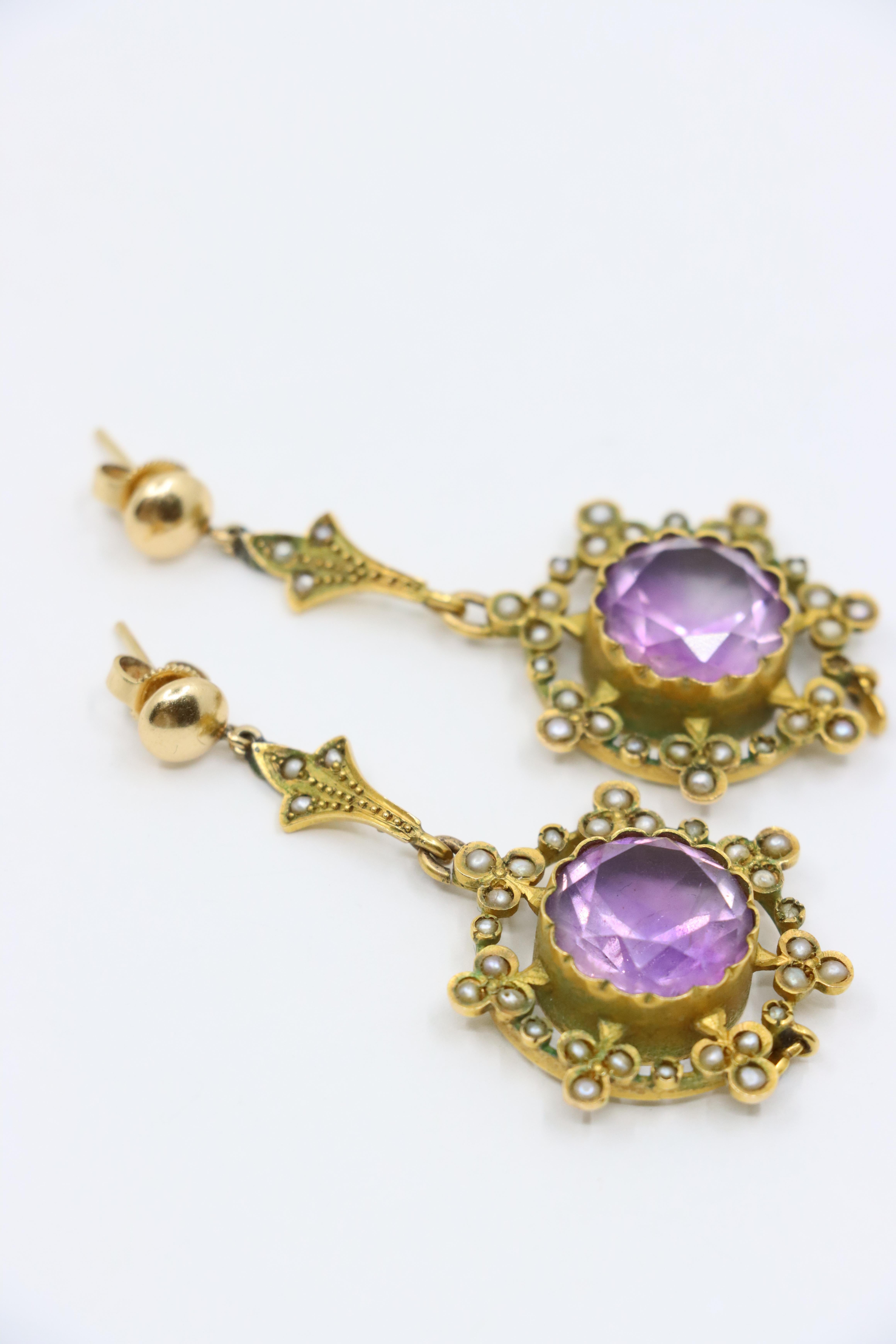 Women's or Men's Antique 18K Gold Amethyst Pearl Drop Earring For Sale