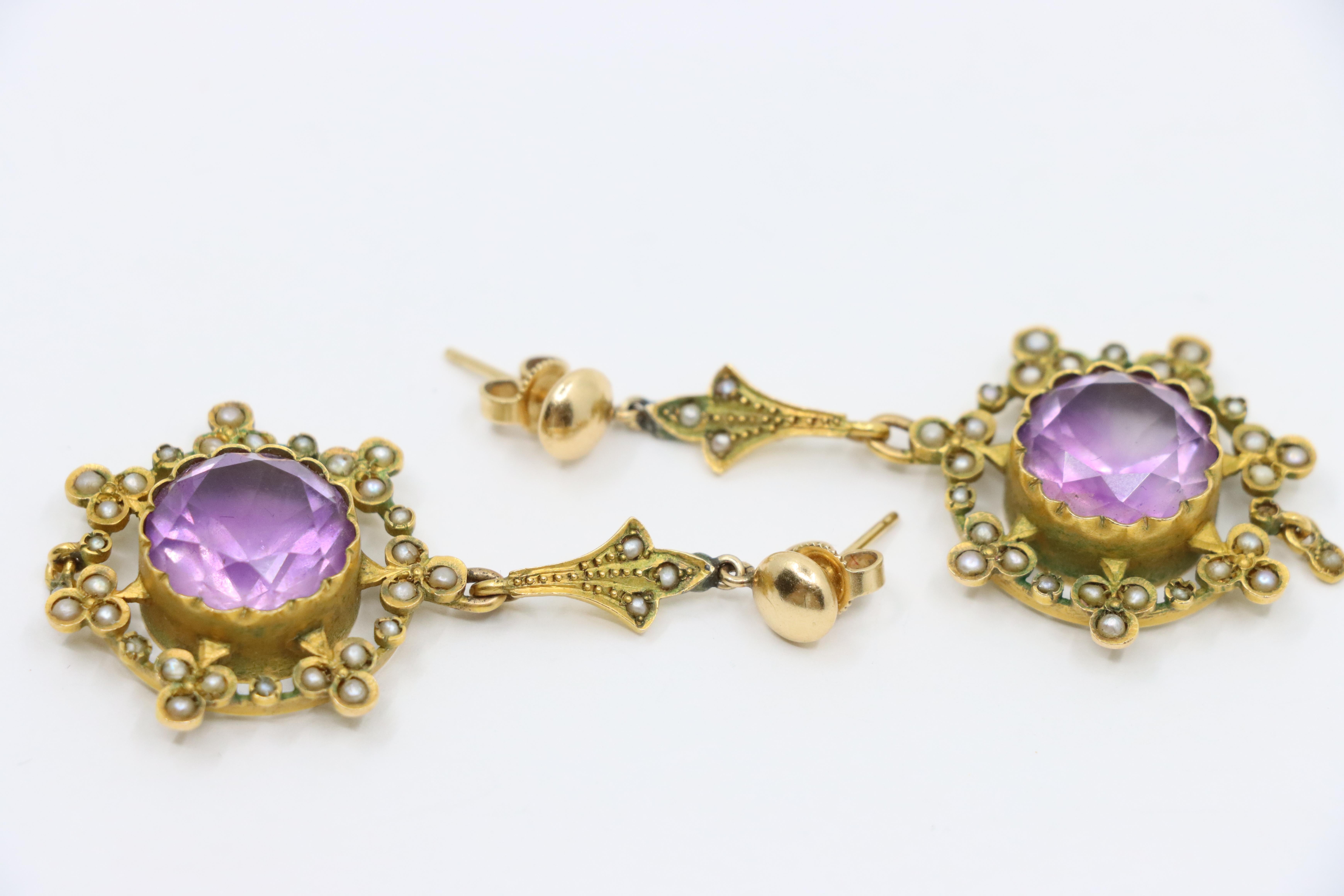 Antique 18K Gold Amethyst Pearl Drop Earring For Sale 1
