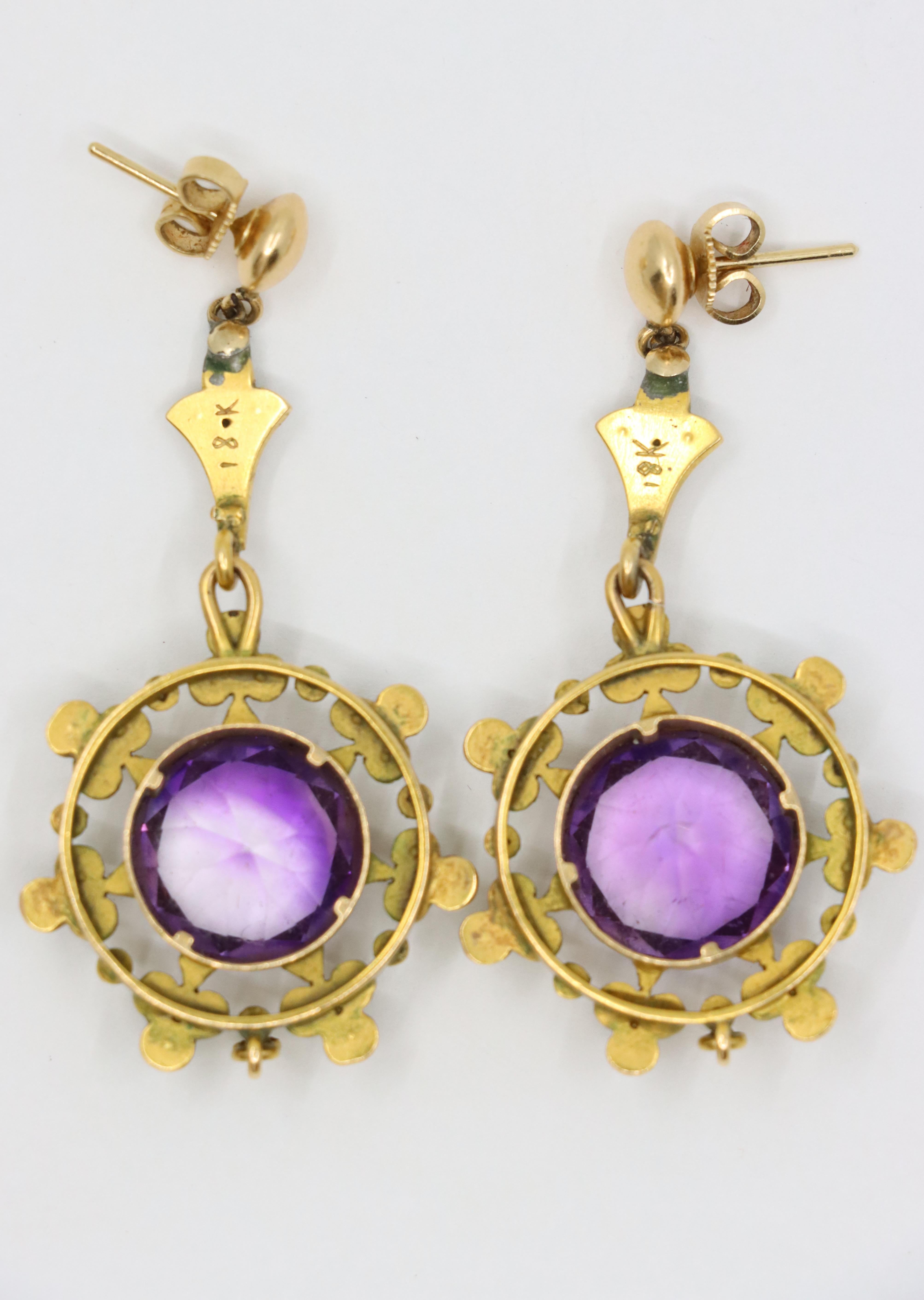 Antique 18K Gold Amethyst Pearl Drop Earring For Sale 2