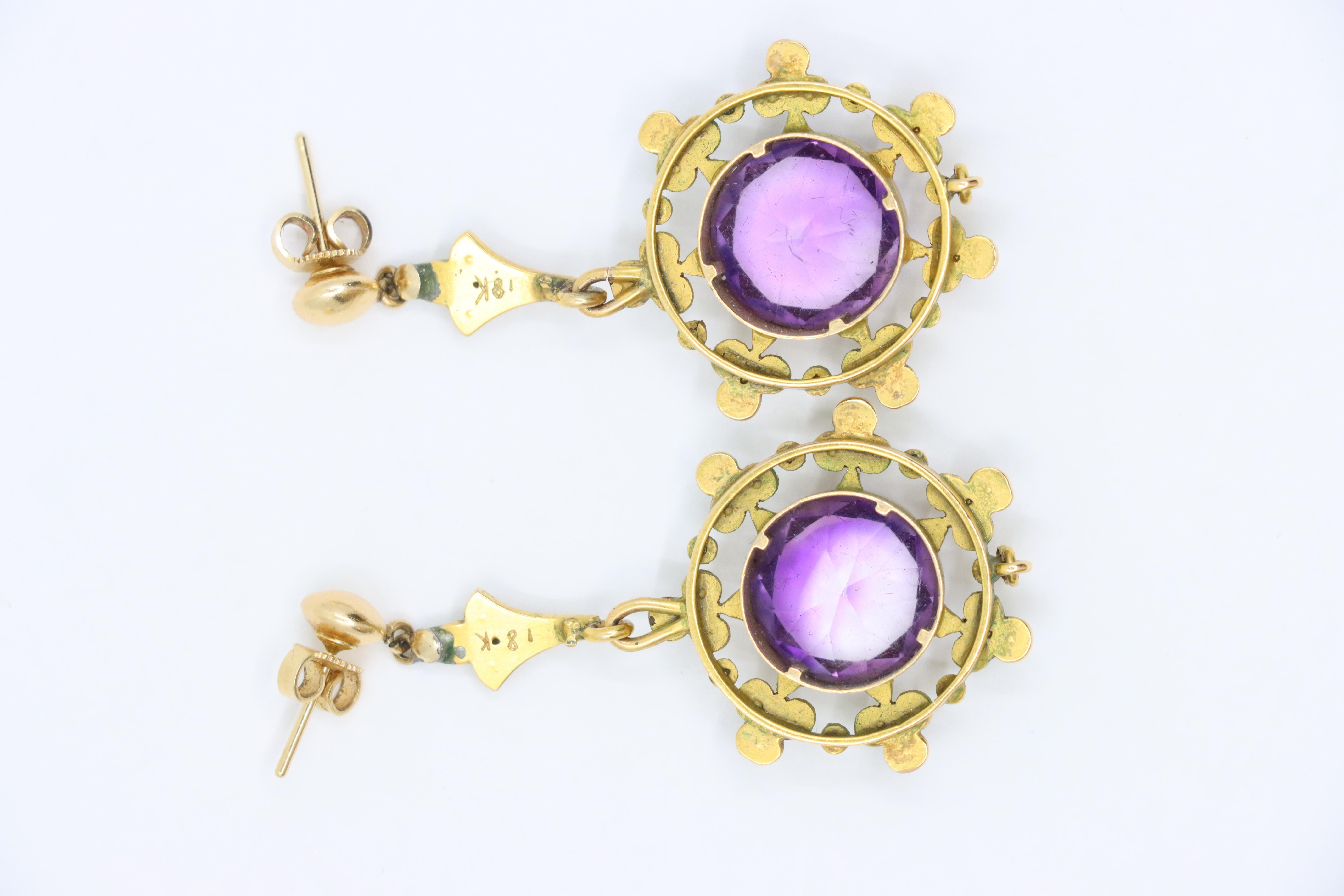 Antique 18K Gold Amethyst Pearl Drop Earring For Sale 3