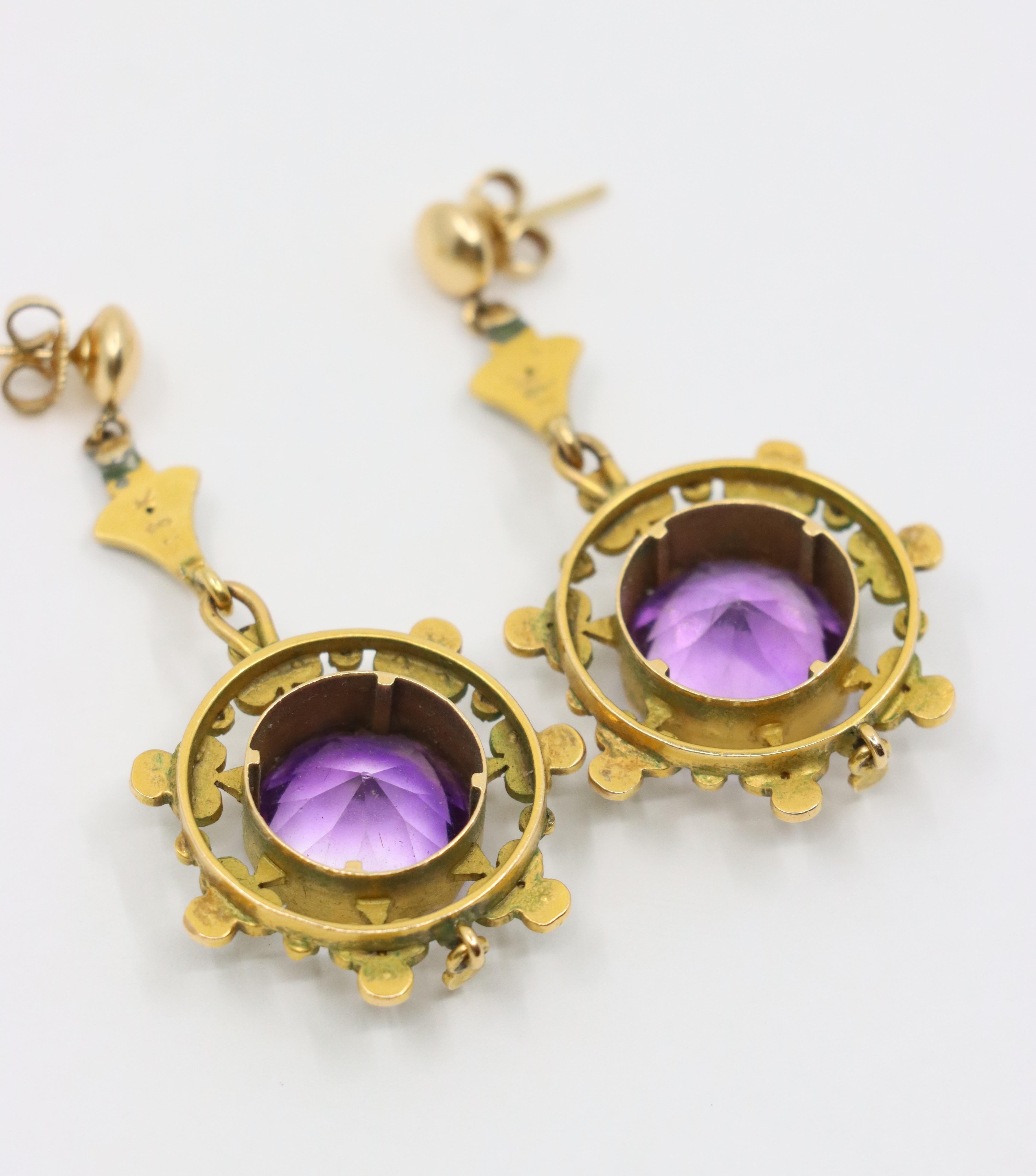 Antique 18K Gold Amethyst Pearl Drop Earring For Sale 4
