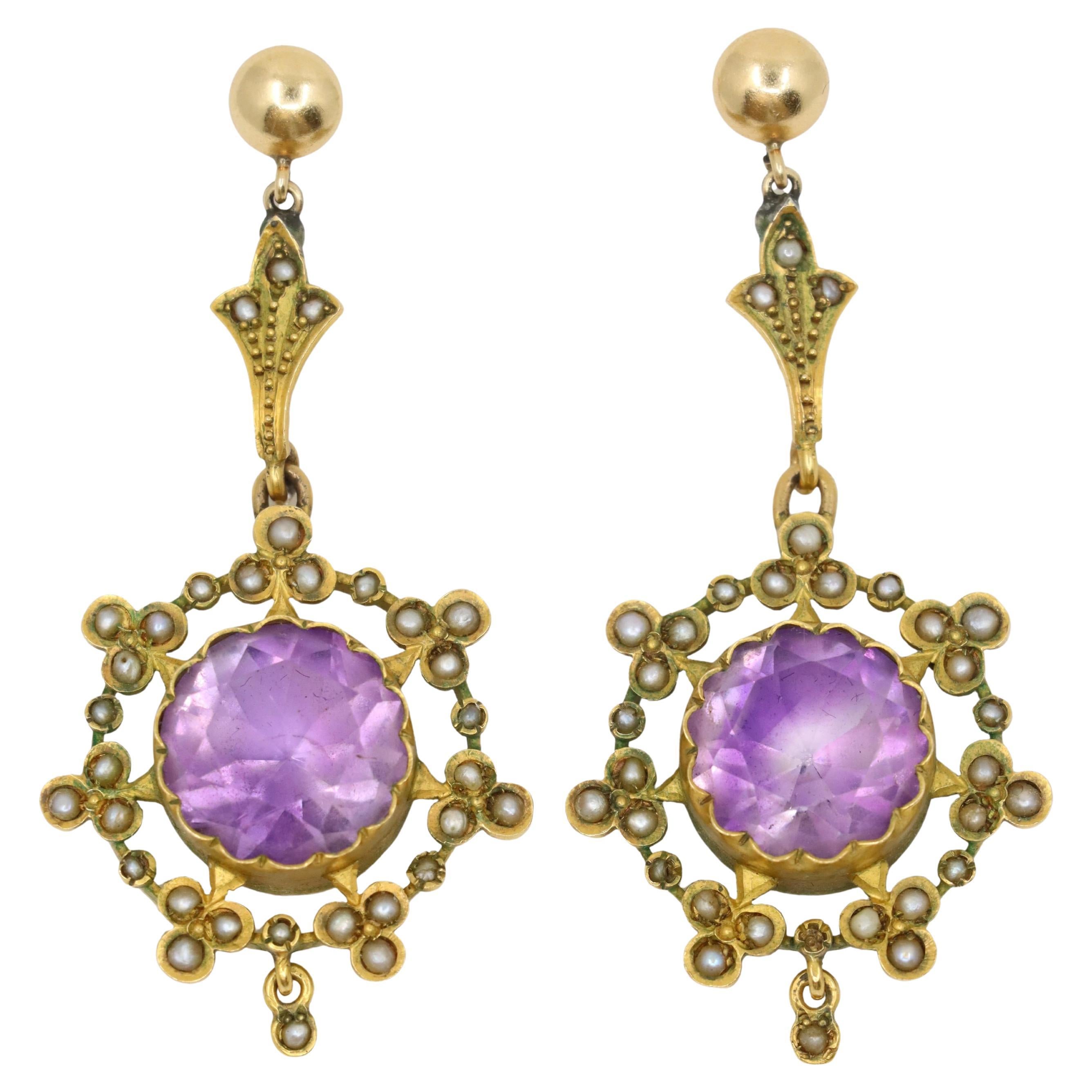 Antique 18K Gold Amethyst Pearl Drop Earring