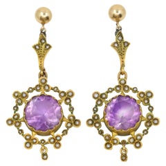 Antique 18K Gold Amethyst Pearl Drop Earring