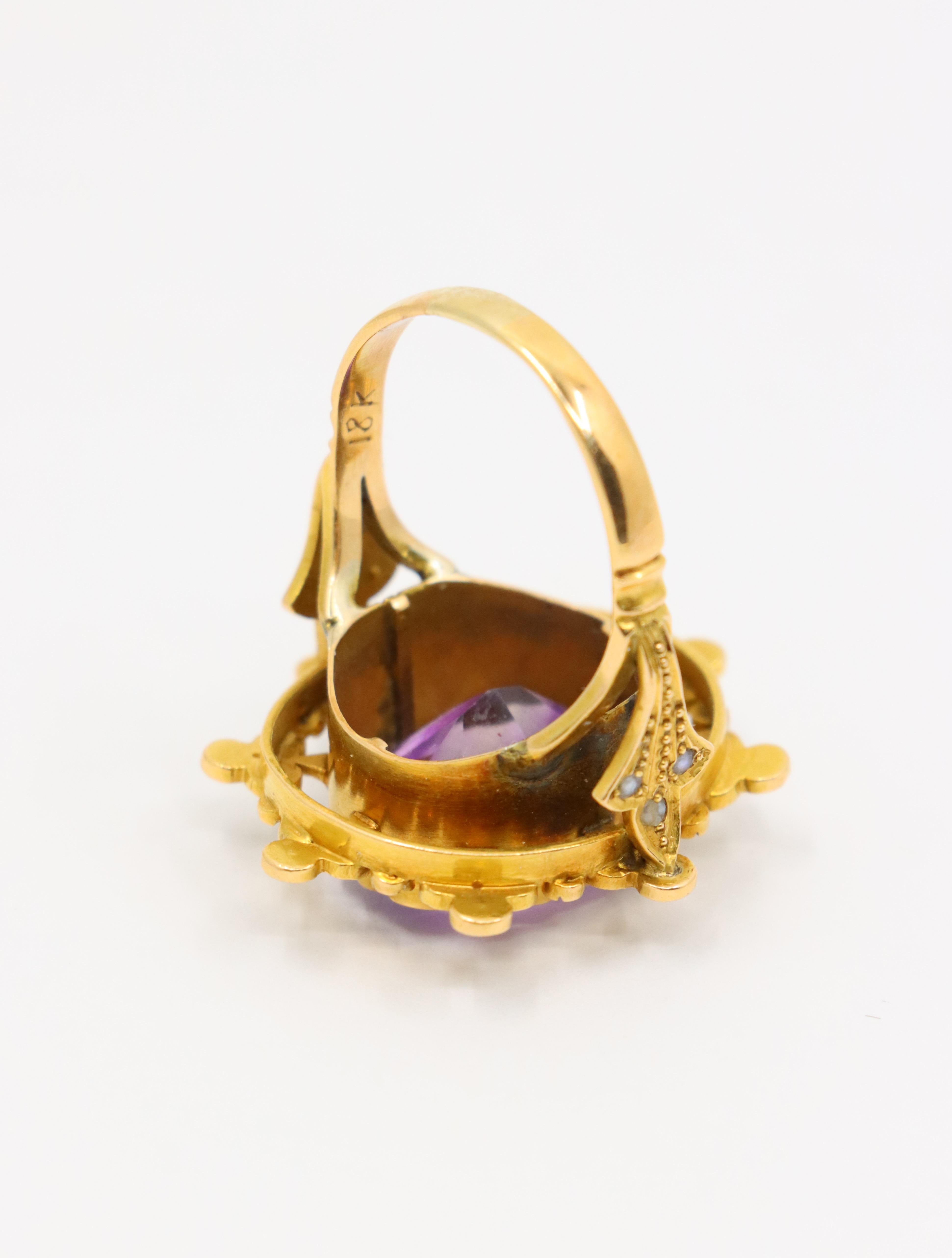 Antique 18K Gold Amethyst Pearl Ring For Sale 6