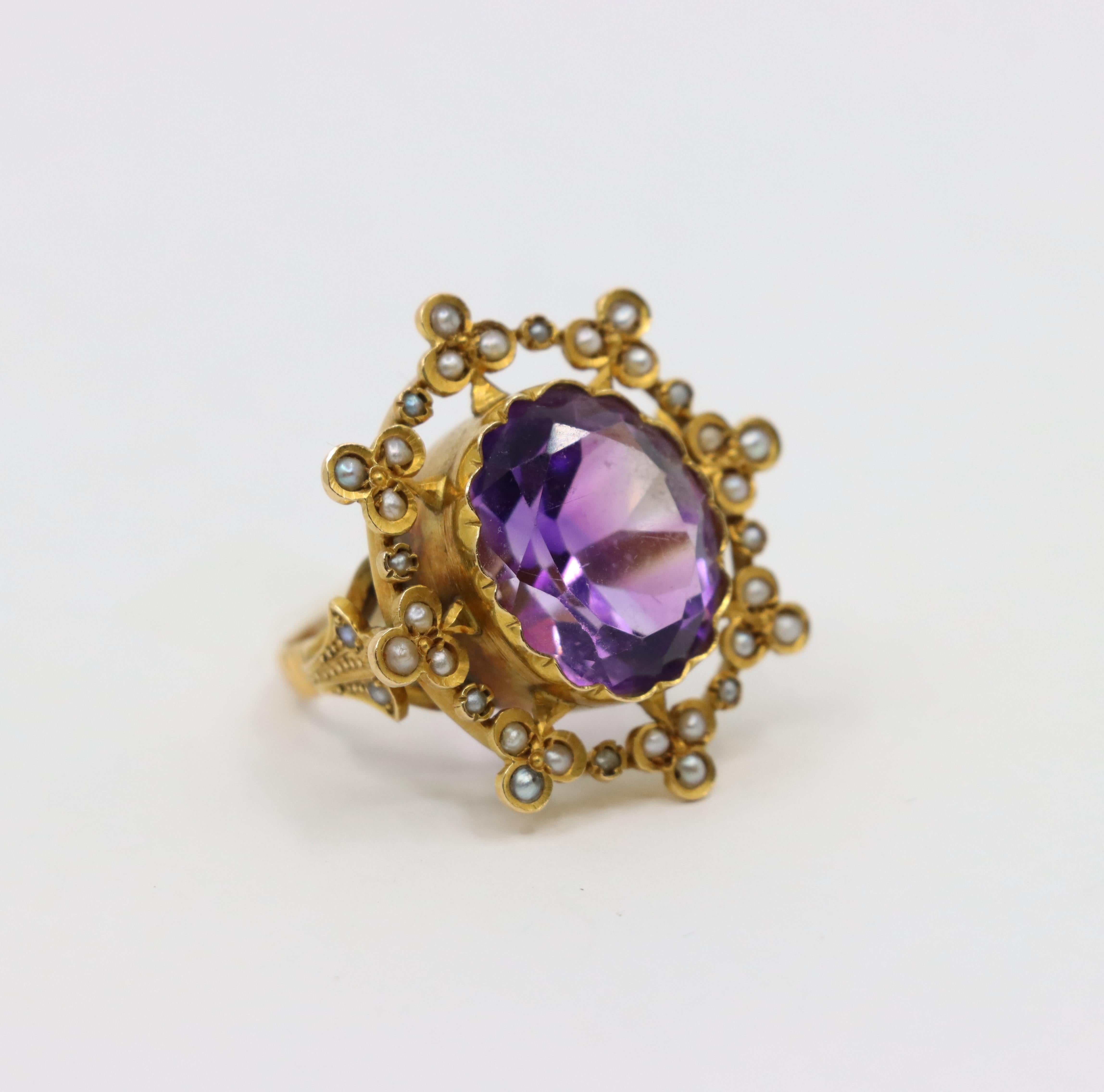 Mixed Cut Antique 18K Gold Amethyst Pearl Ring For Sale