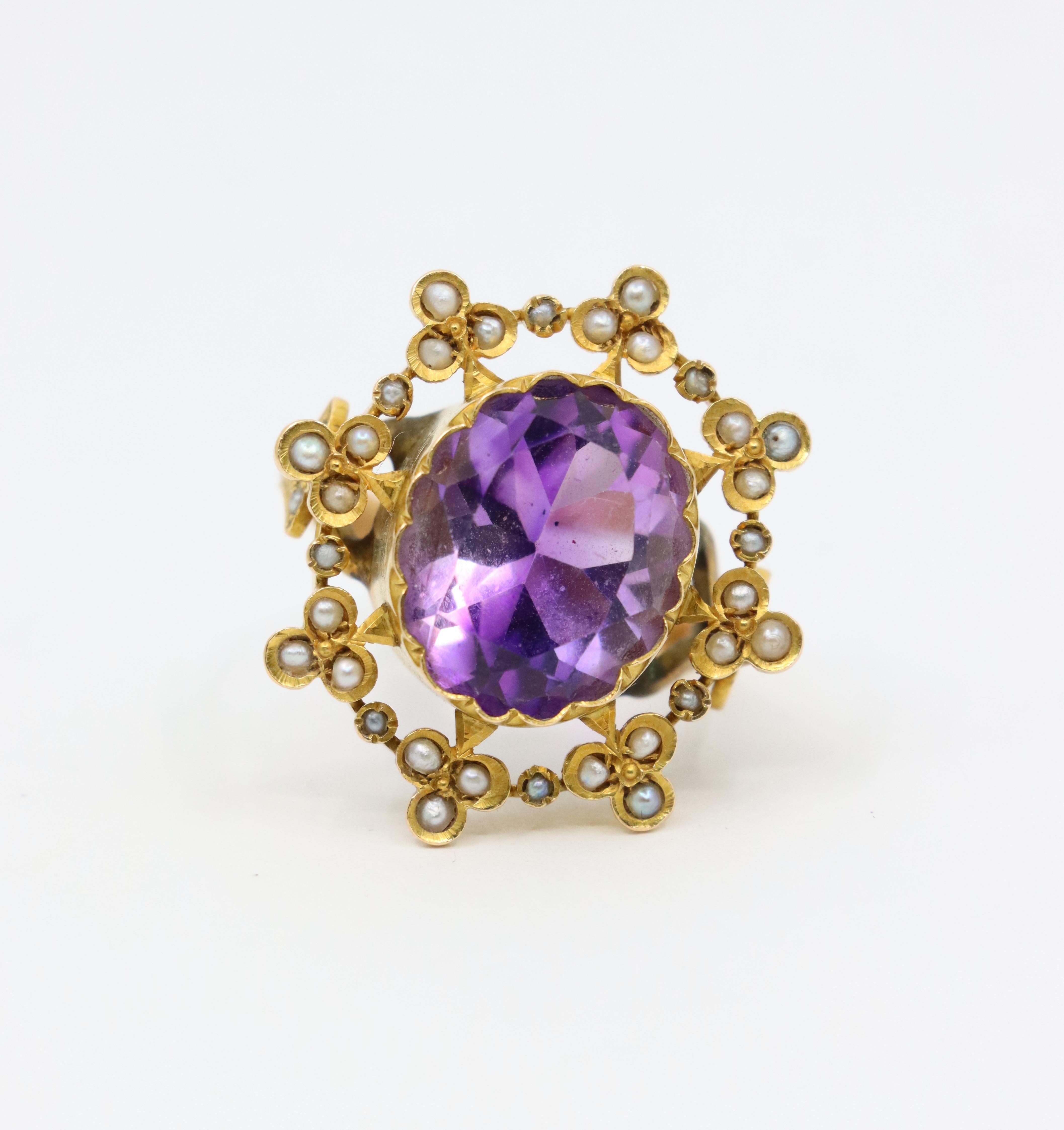 Women's or Men's Antique 18K Gold Amethyst Pearl Ring For Sale