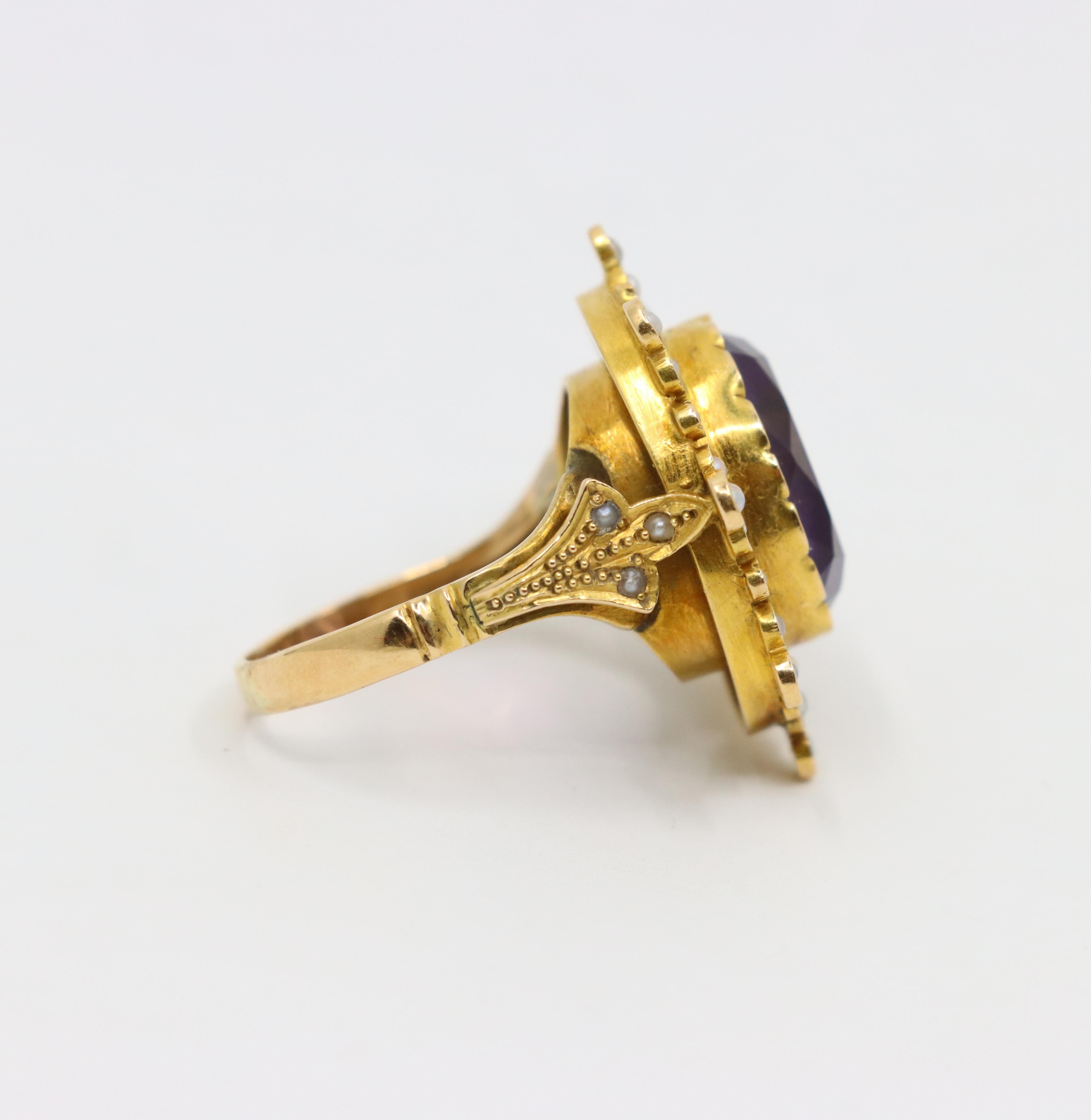 Antique 18K Gold Amethyst Pearl Ring For Sale 2