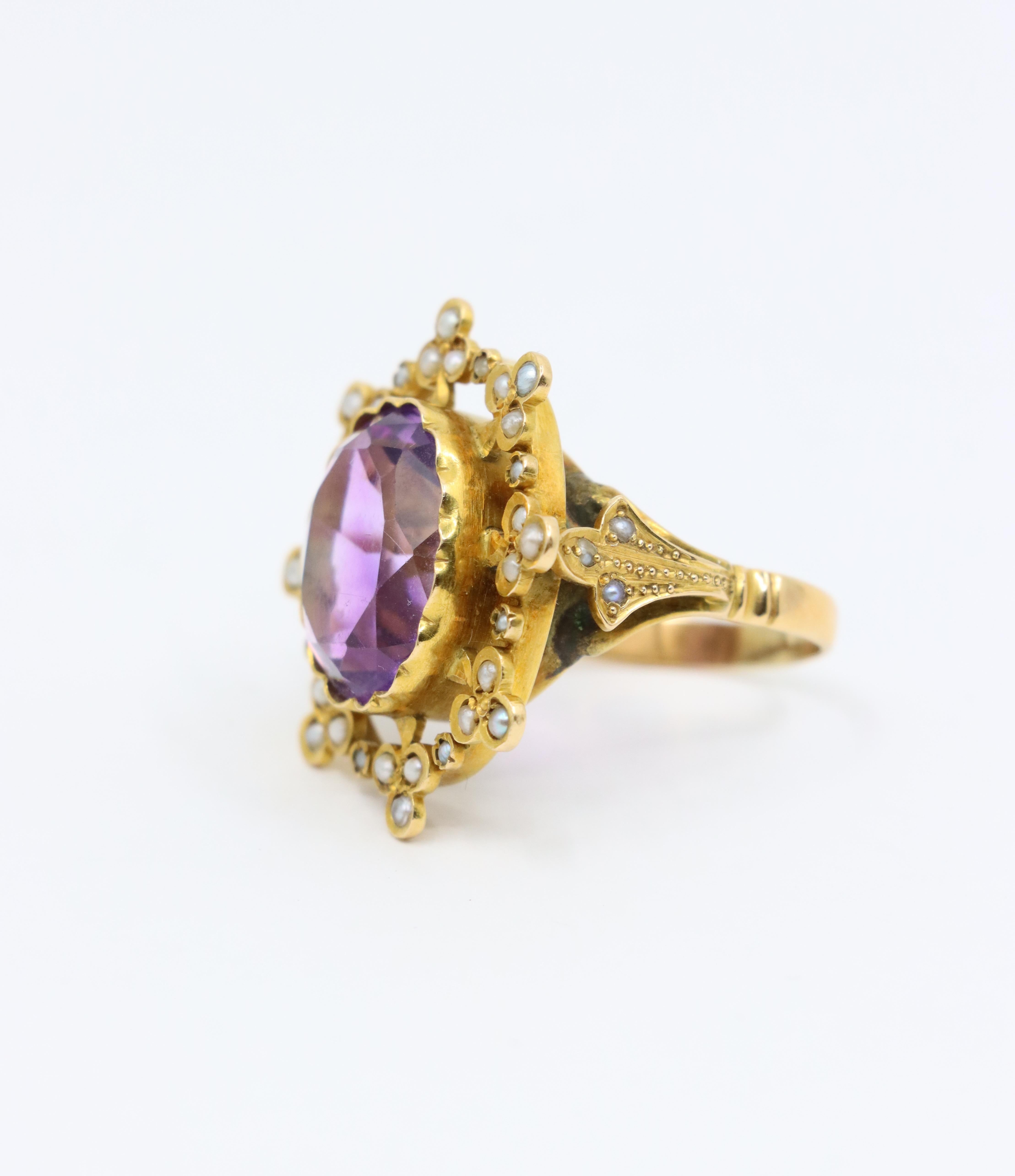 Antique 18K Gold Amethyst Pearl Ring For Sale 3