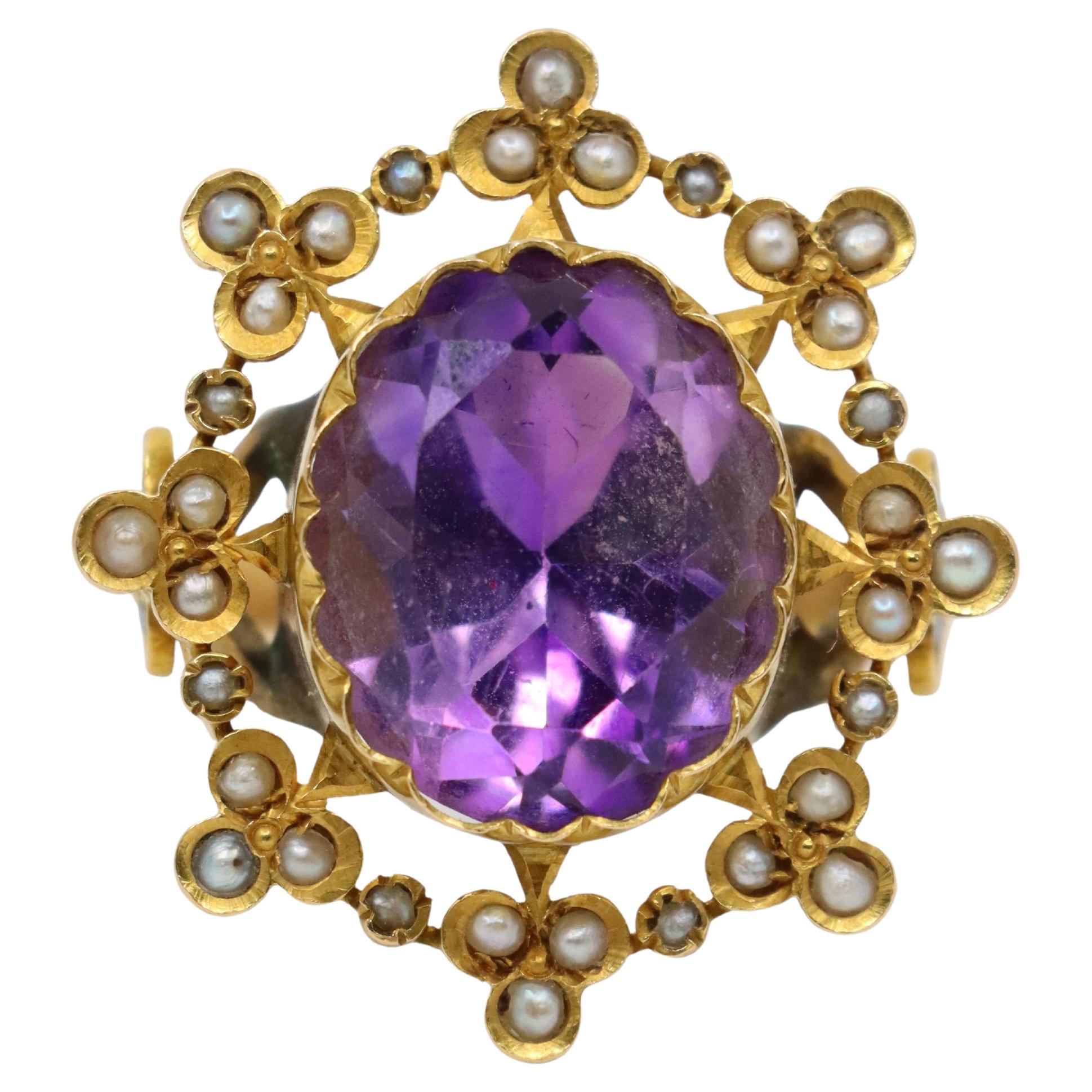 Antique 18K Gold Amethyst Pearl Ring For Sale