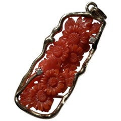 Antique 18k Gold and Carved Coral Chrysanthemum Pendant with Diamond Accents