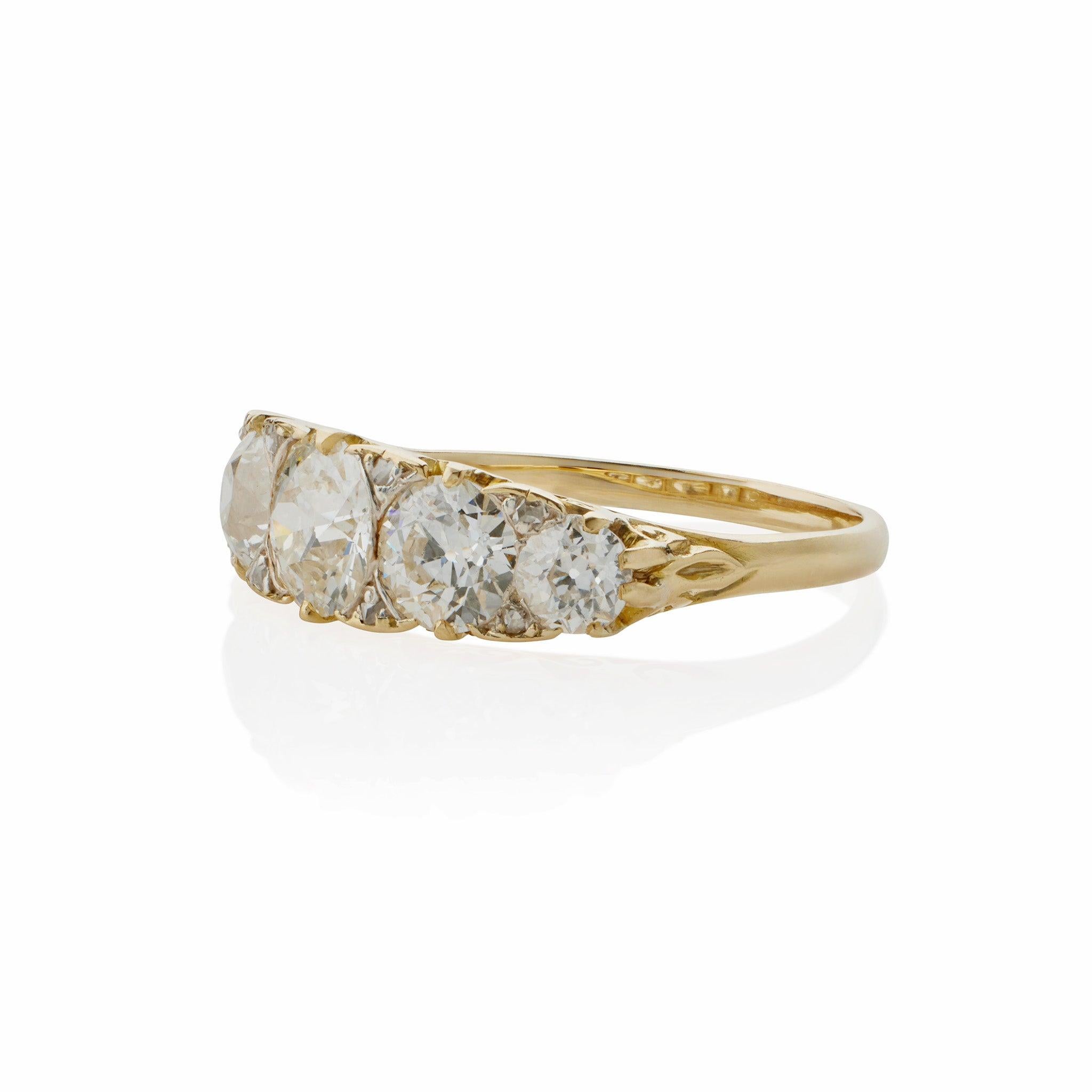Old European Cut Antique 18K Gold and Diamond Five Stone Ring For Sale