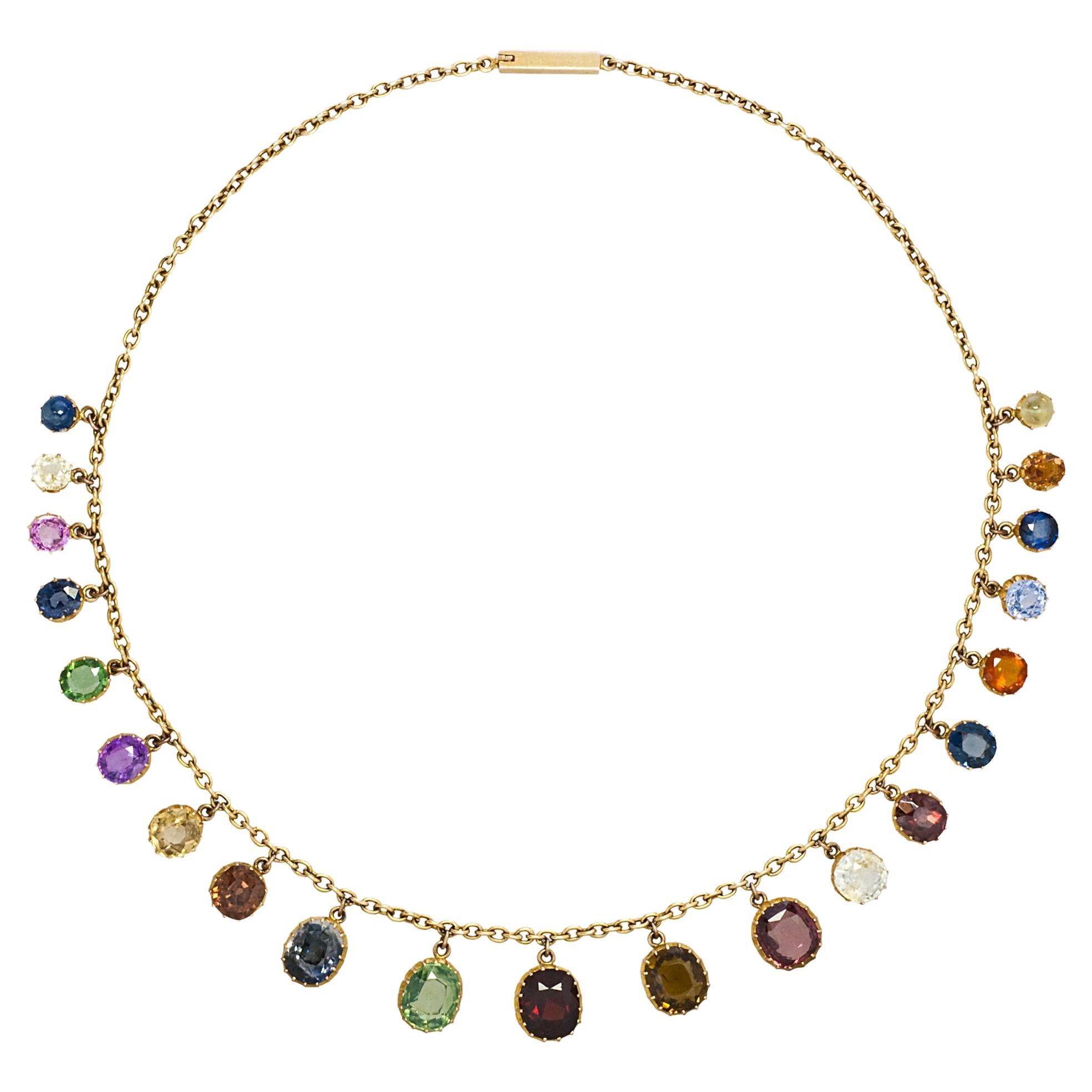 Antike Halskette aus 18 Karat Gold mit mehrfarbigen Edelsteinen, um 1880