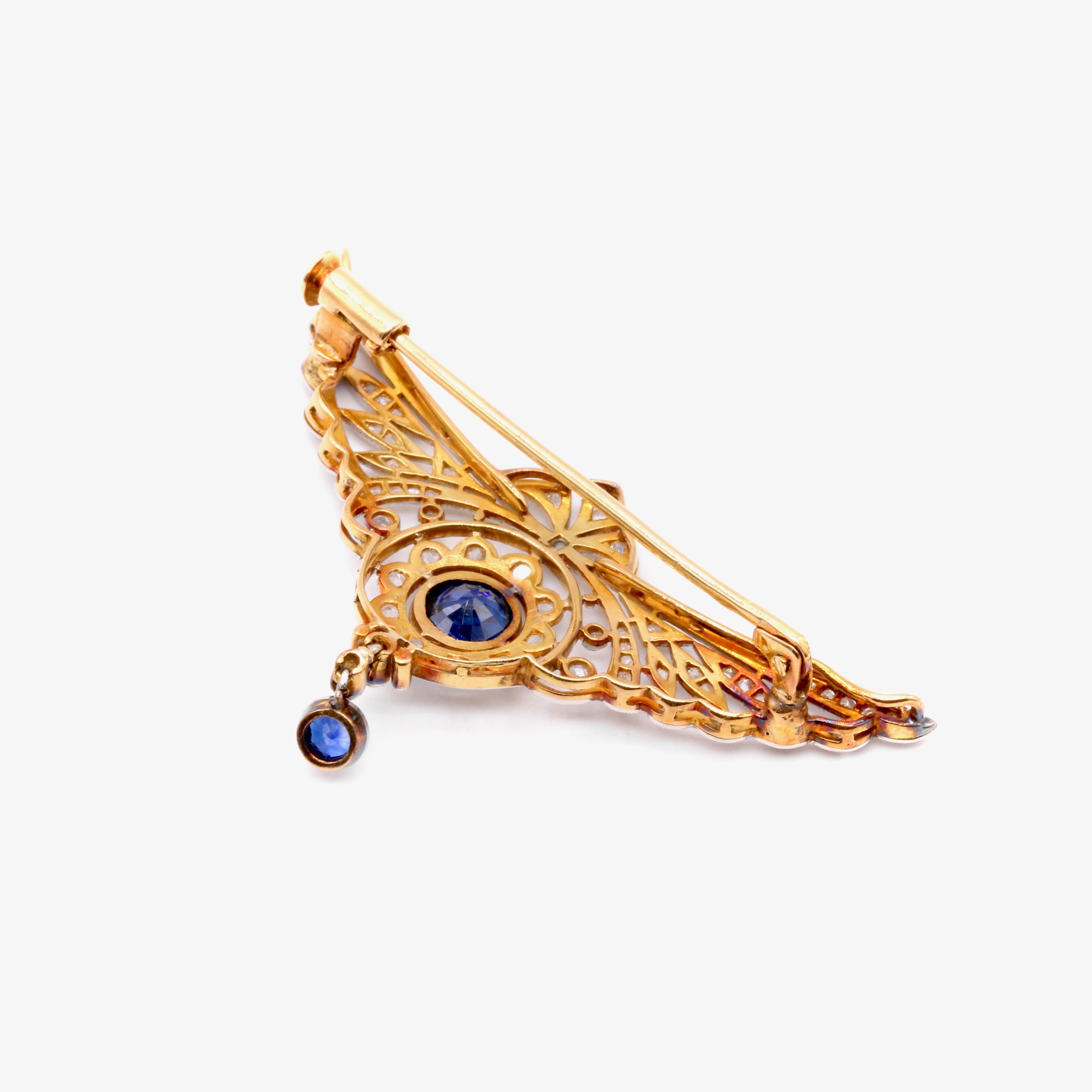 Antique 18K Gold and Platinum 0.7ct Sapphire and Diamond Openwork Winged Brooch 1