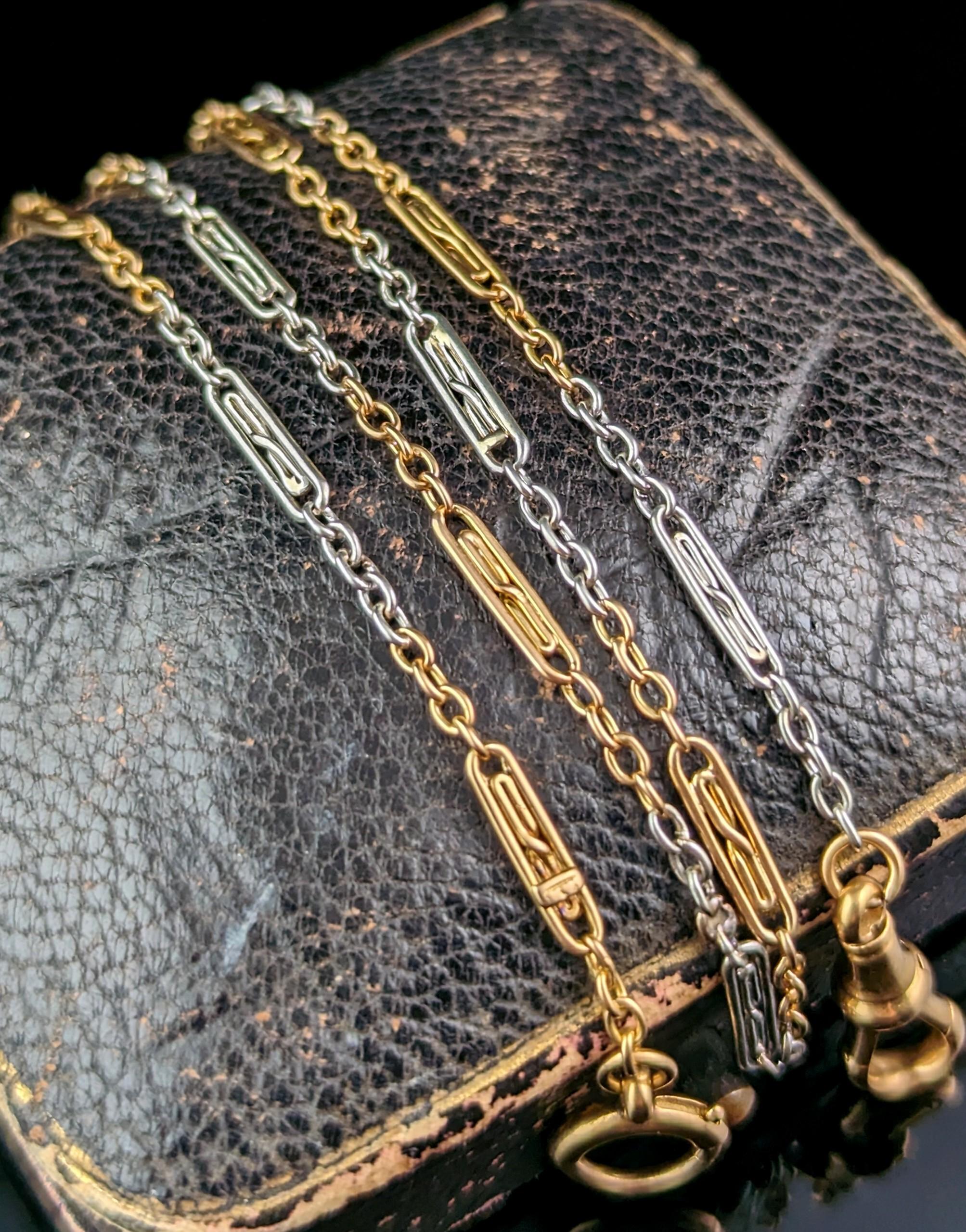 Chaîne Albert ancienne en or 18 carats et platine, chaîne de montre Art déco en vente 7