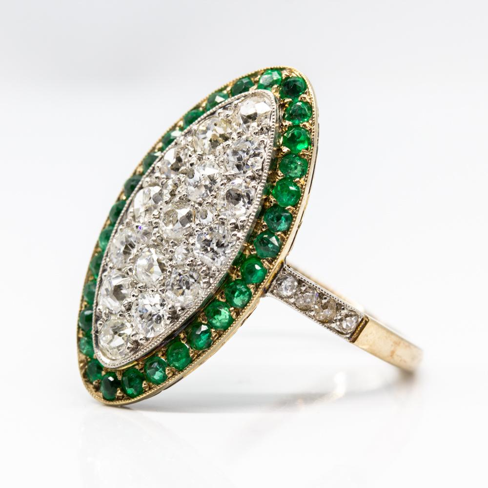 Old Mine Cut 18 Karat Gold and Platinum Diamonds and Emeralds Ring For Sale