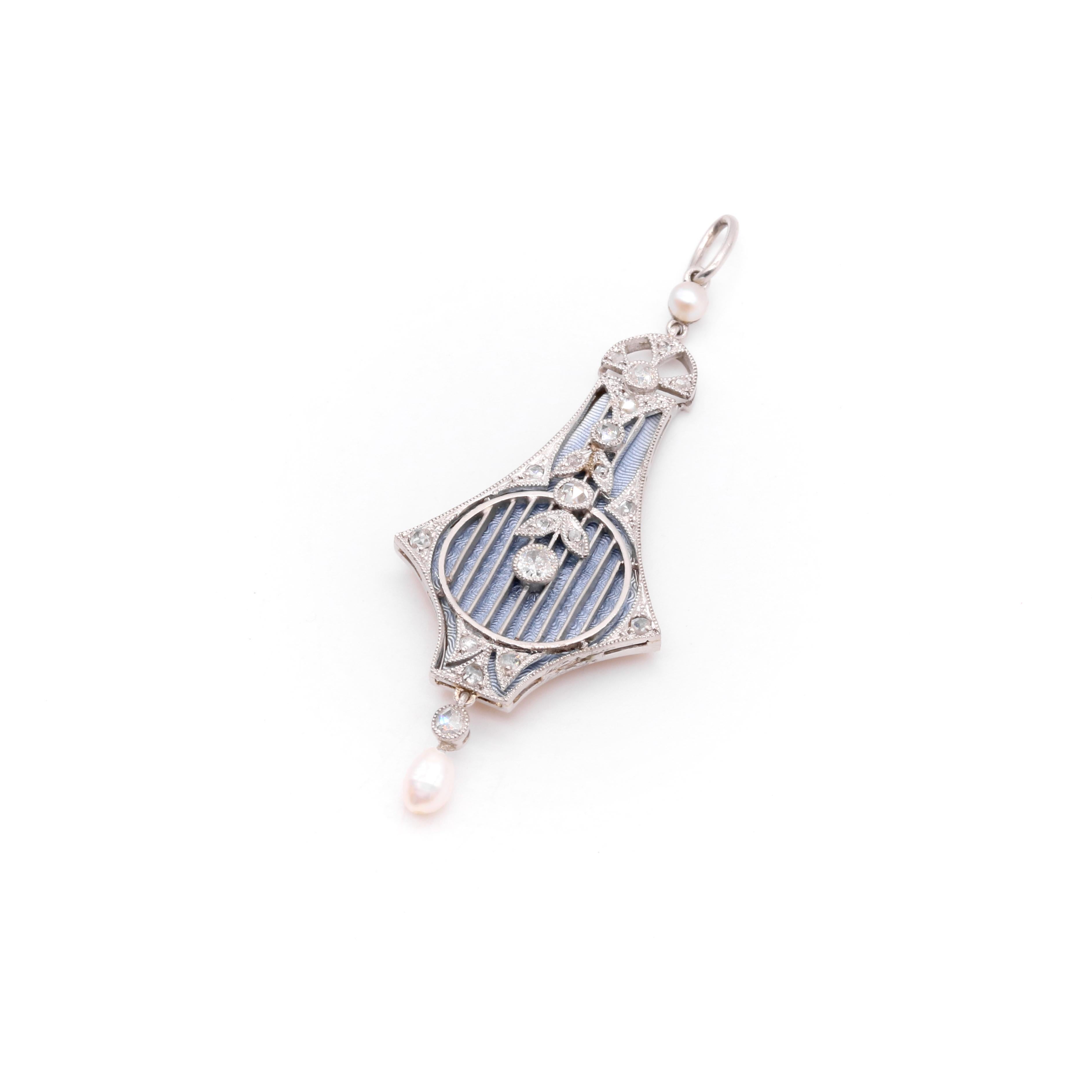 Old European Cut Antique 18K Gold and Platinum Interchangeable Enamel, Diamond & Pearl Necklace For Sale