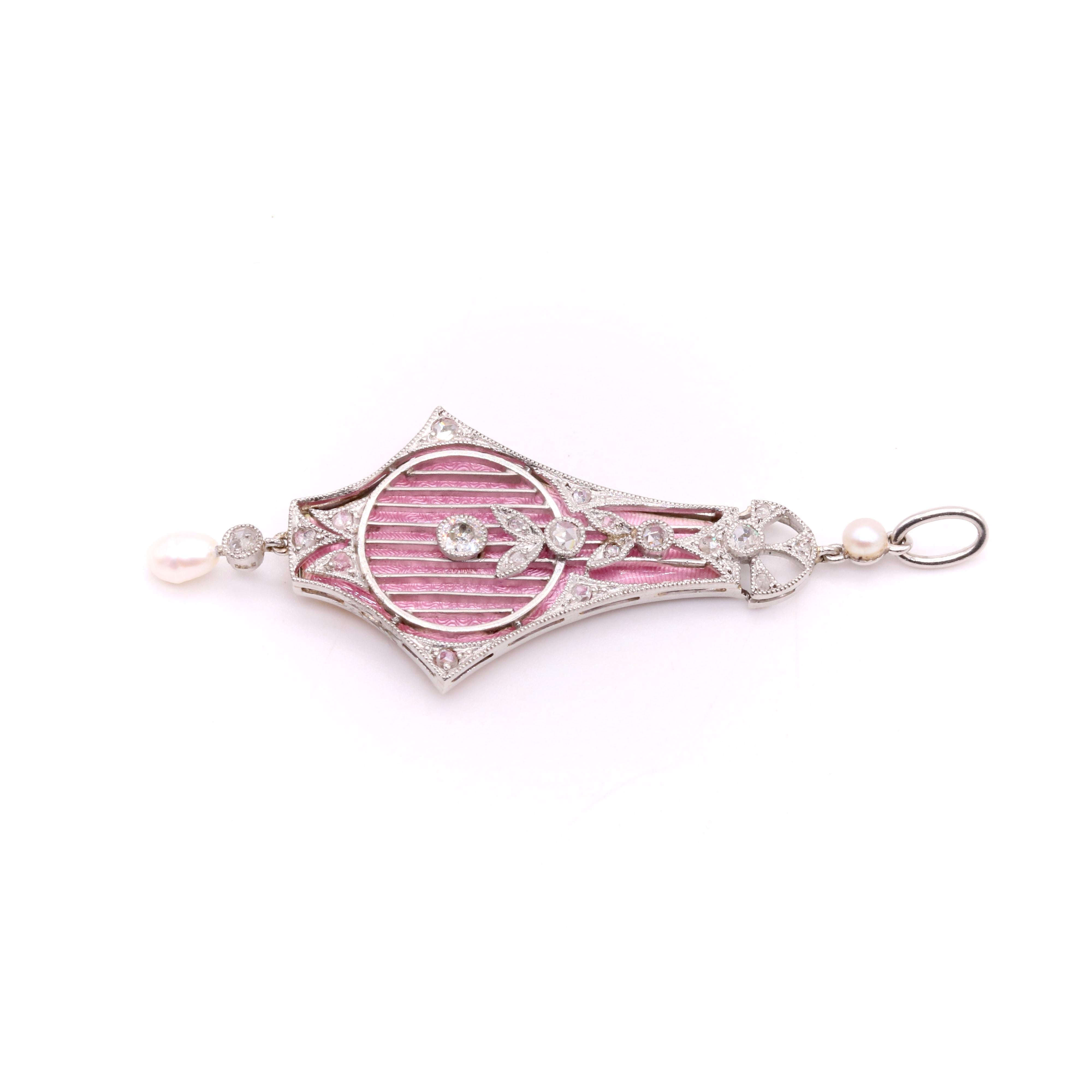 Antique 18K Gold and Platinum Interchangeable Enamel, Diamond & Pearl Necklace For Sale 1