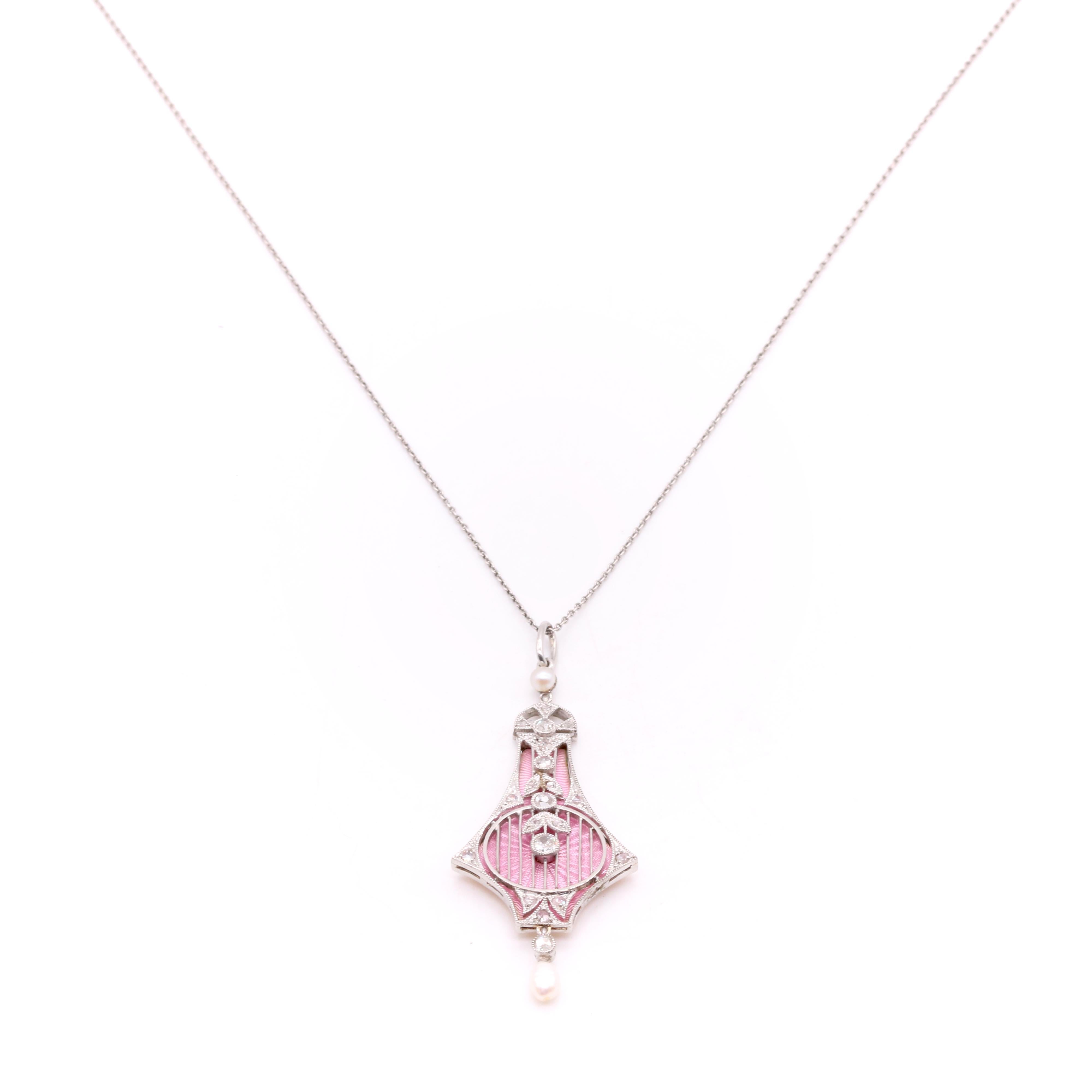 Antique 18K Gold and Platinum Interchangeable Enamel, Diamond & Pearl Necklace For Sale 3