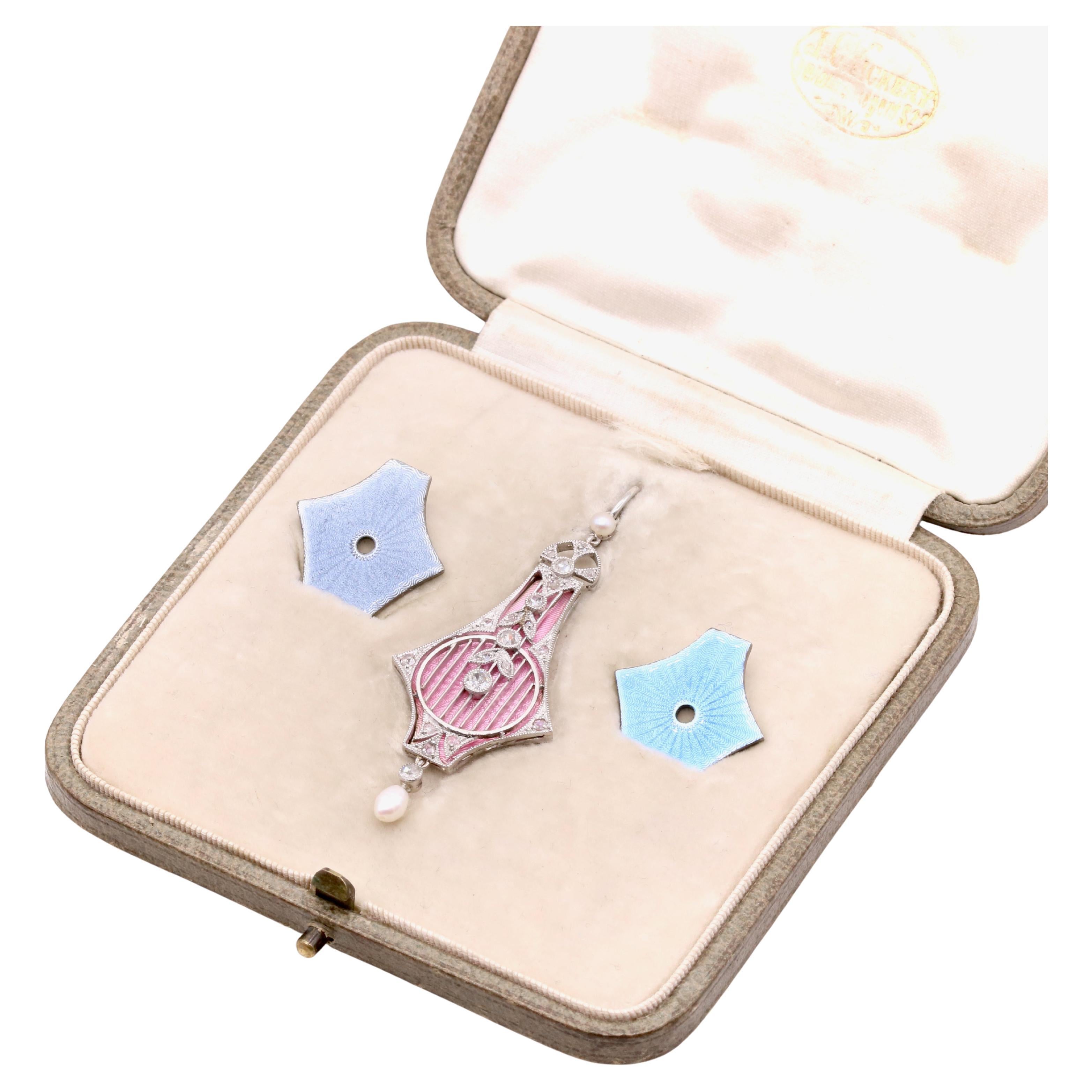 Antique 18K Gold and Platinum Interchangeable Enamel, Diamond & Pearl Necklace