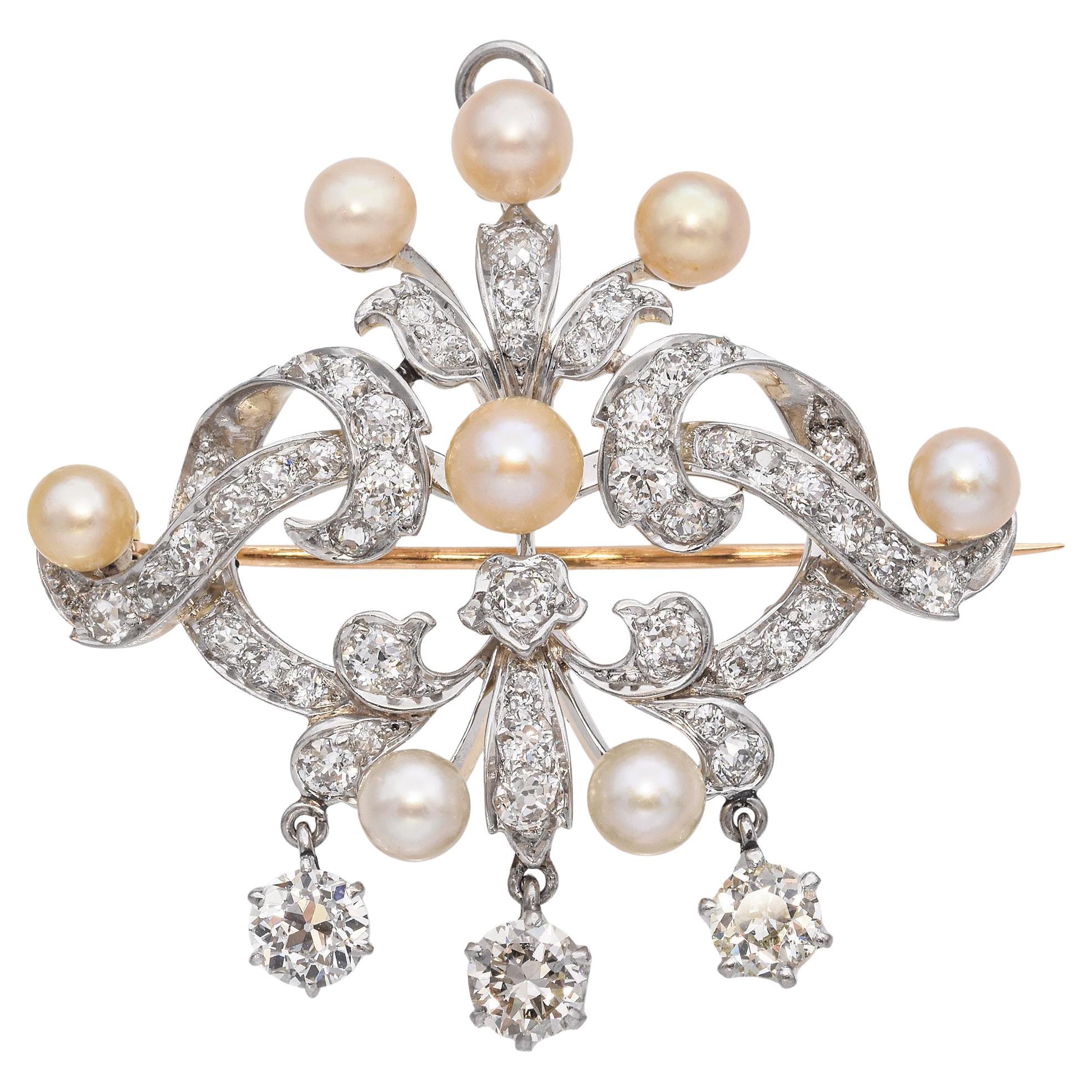 Antique 18K Gold and Platinum Old European Diamond and Pearl Brooch Pendant