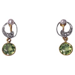 Antique 18k Gold and Platinum Peridot and Diamond Earrings