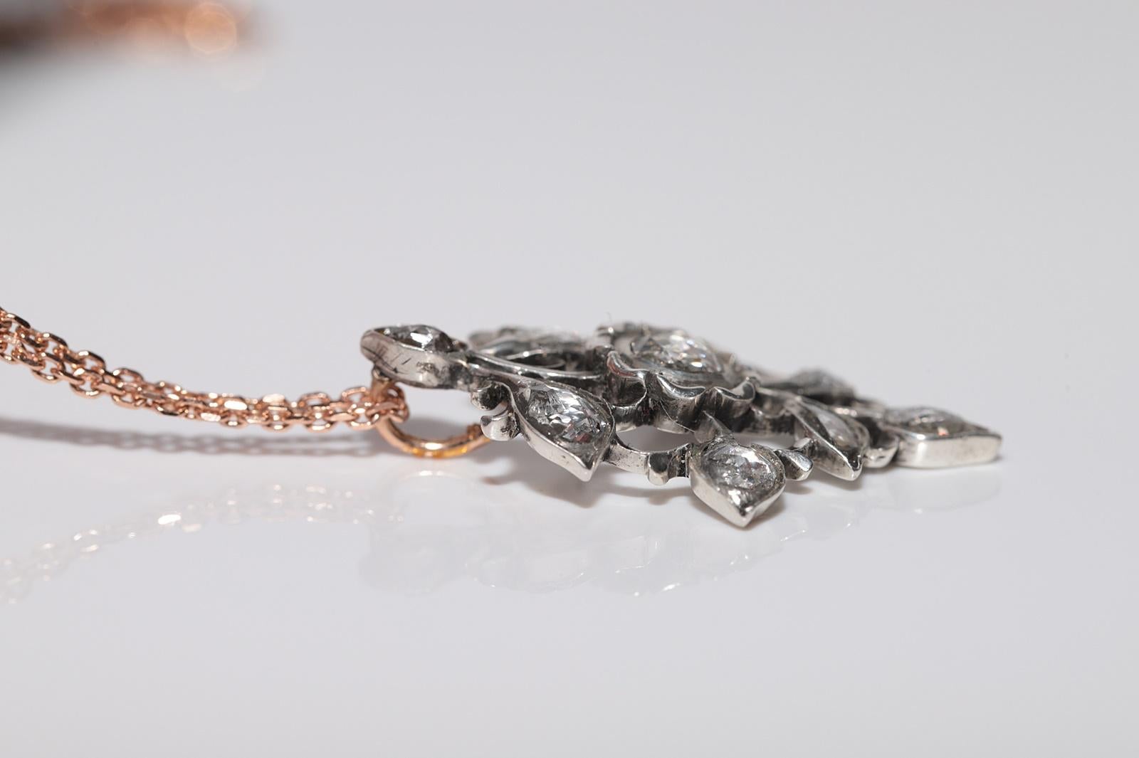 Collier pendentif ancien en or 18 carats et argent avec diamants naturels taille rose en vente 6