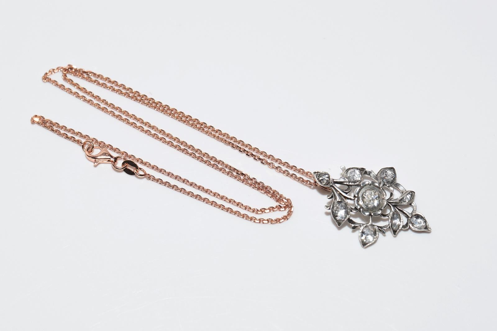 Collier pendentif ancien en or 18 carats et argent avec diamants naturels taille rose en vente 8