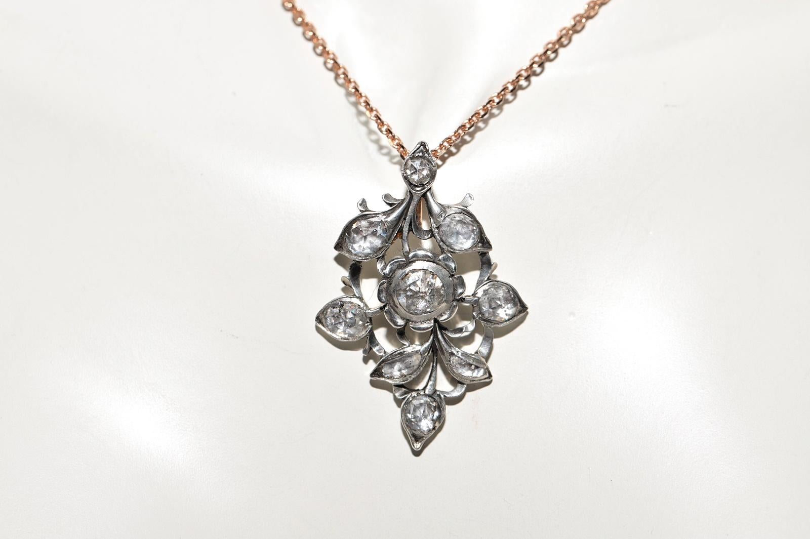 Taille rose Collier pendentif ancien en or 18 carats et argent avec diamants naturels taille rose en vente