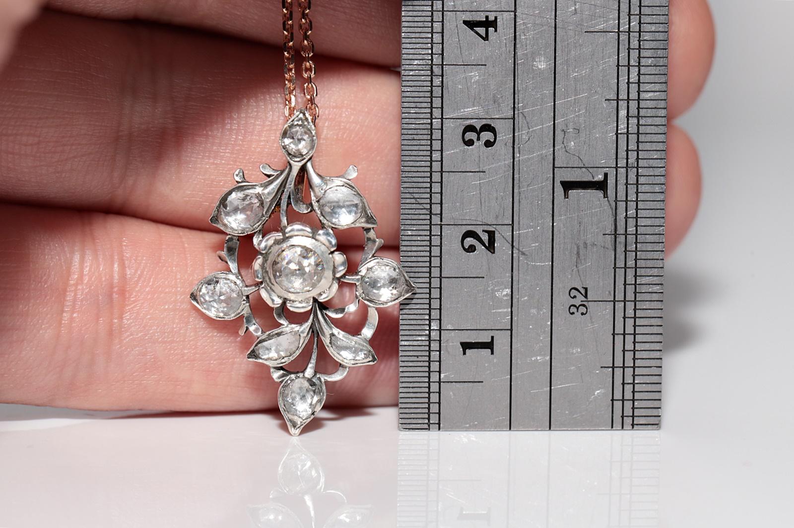 Antique 18k Gold And Silver Natural Rose Cut Diamond Pendant Necklace For Sale 1