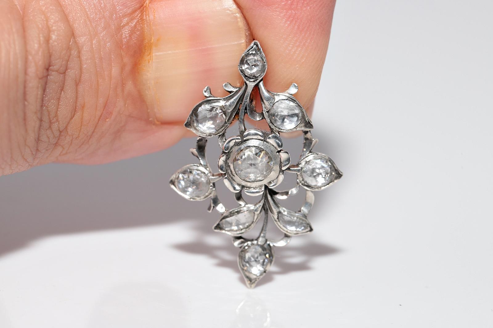 Collier pendentif ancien en or 18 carats et argent avec diamants naturels taille rose en vente 1