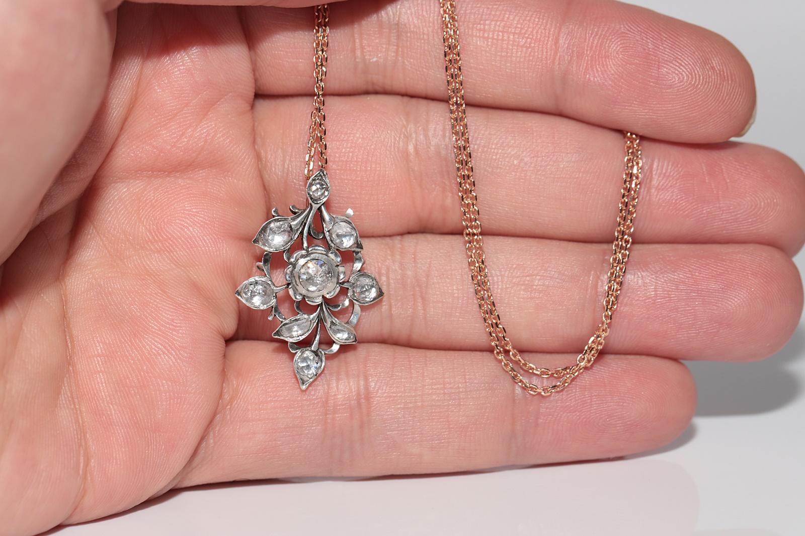 Collier pendentif ancien en or 18 carats et argent avec diamants naturels taille rose en vente 2