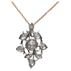 Antike Halskette mit Anhänger aus 18 Karat Gold und Silber mit natürlichem Diamanten im Rosenschliff