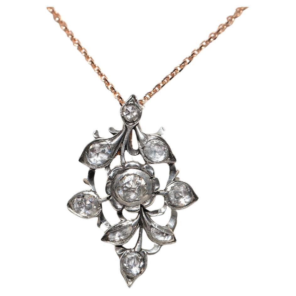 Collana antica in oro e argento 18k con diamante naturale taglio rosa