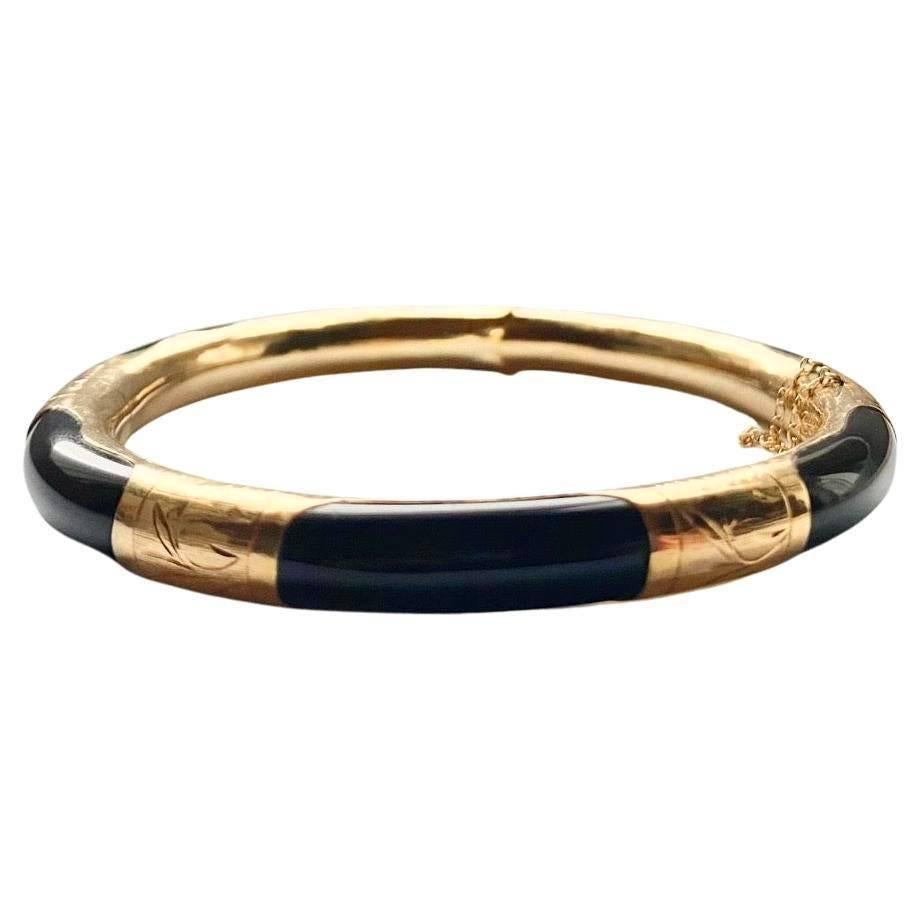 Oval Cut Antique 14K Gold Antique Black Onyx Carved Bangle Bracelet
