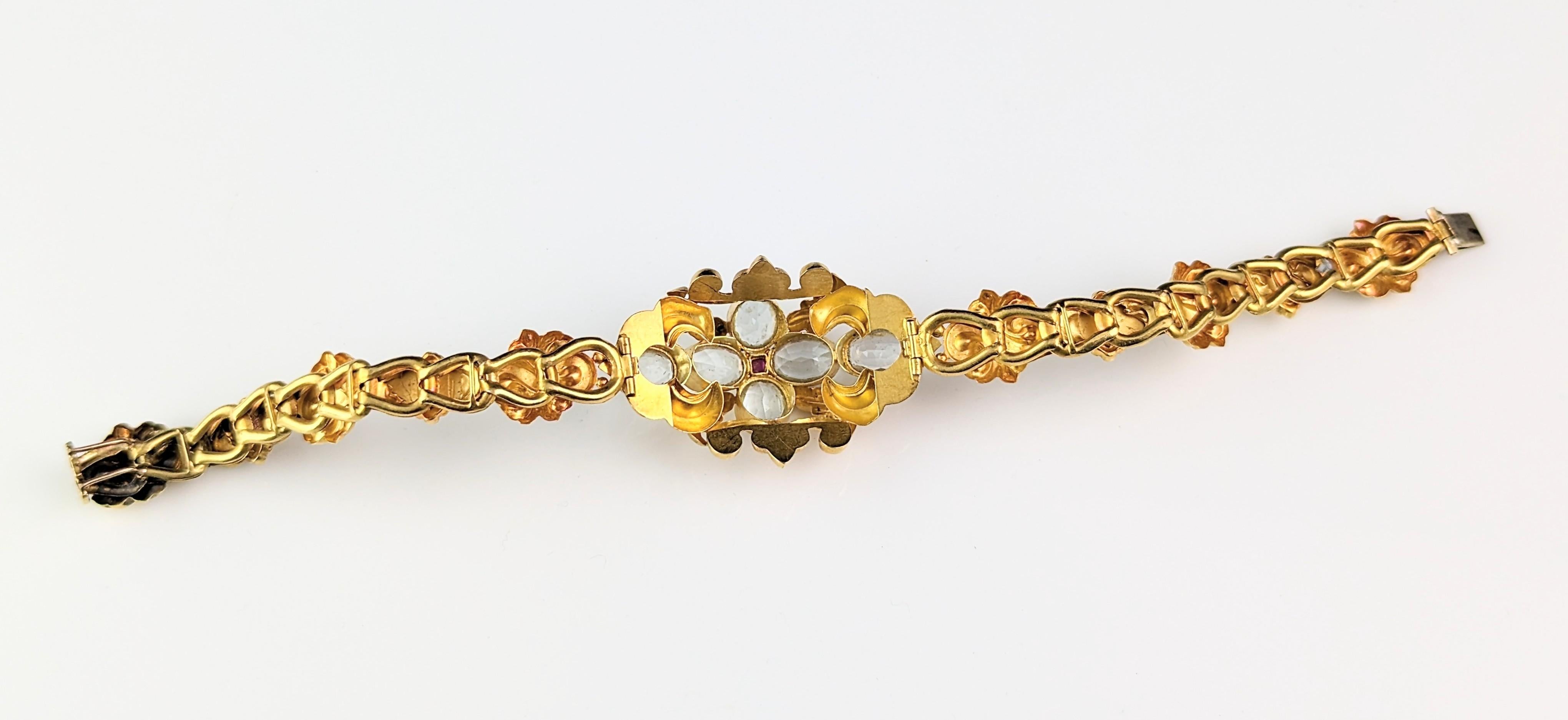 Antique 18k gold Aquamarine and Ruby bracelet, Fancy link, Victorian  5